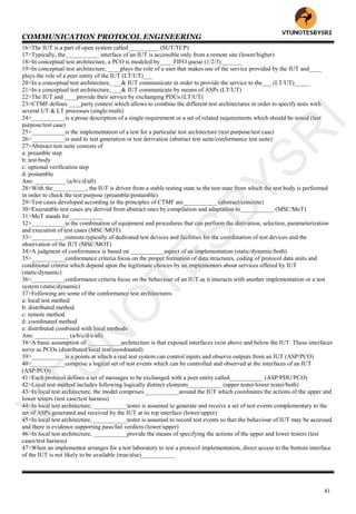 COMMUNICATION PROTOCOL ENGINEERING
41
16>The IUT is a part of open system called__________ (SUT/TCP)
17>Typically, the___________ interface of an IUT is accessible only from a remote site (lower/higher)
18>In conceptual test architecture, a PCO is modeled by____ FIFO queue (1/2/3)_______
19>In conceptual test architecture, ____plays the role of a user that makes use of the service provided by the IUT and____
plays the role of a peer entity of the IUT (LT/UT)___
20>In a conceptual test architecture, ___& IUT communicate in order to provide the service to the___ (LT/UT)_____
21>In a conceptual test architecture, ___& IUT communicate by means of ASPs (LT/UT)
22>The IUT and ____provide their service by exchanging PDUs (LT/UT)
23>CTMF defines ____party context which allows to combine the different test architectures in order to specify tests with
several UT & LT processes (single/multi)
24>___________is a prose description of a single requirement or a set of related requirements which should be tested (test
purpose/test case)
25>___________is the implementation of a test for a particular test architecture (test purpose/test case)
26>___________is used to test generation or test derivation (abstract test suite/conformance test suite)
27>Abstract test suite consists of
a: preamble step
b: test body
c: optional verification step
d: postamble
Ans: __________ (a/b/c/d/all)
28>With the___________, the IUT is driven from a stable testing state to the test state from which the test body is performed
in order to check the test purpose (preamble/postamble)
29>Test cases developed according to the principles of CTMF are___________ (abstract/concrete)
30>Executable test cases are derived from abstract ones by compilation and adaptation to___________ (MSC/MoT)
31>MoT stands for___________
32>___________is the combination of equipment and procedures that can perform the derivation, selection, parameterization
and execution of test cases (MSC/MOT)
33>___________consists typically of dedicated test devices and facilities for the coordination of test devices and the
observation of the IUT (MSC/MOT)
34>A judgment of conformance is based on ___________aspect of an implementation (static/dynamic/both)
35>___________conformance criteria focus on the proper formation of data structures, coding of protocol data units and
conditional criteria which depend upon the legitimate choices by an implementers about services offered by IUT
(static/dynamic)
36>___________conformance criteria focus on the behaviour of an IUT as it interacts with another implementation or a test
system (static/dynamic)
37>Following are some of the conformance test architectures
a: local test method
b: distributed method
c: remote method
d: coordinated method
e: distributed combined with local methods
Ans: ___________ (a/b/c/d/e/all)
38>A basic assumption of ___________architecture is that exposed interfaces exist above and below the IUT. These interfaces
serve as PCOs (distributed/local test/coordinated)
39>___________is a points at which a real test system can control inputs and observe outputs from an IUT (ASP/PCO)
40>___________comprise a logical set of test events which can be controlled and observed at the interfaces of an IUT
(ASP/PCO)
41>Each protocol defines a set of messages to be exchanged with a peer entity called___________ (ASP/PDU/PCO)
42>Local test method includes following logically distinct elements___________ (upper tester/lower tester/both)
43>In local test architecture, the model comprises ___________around the IUT which coordinates the actions of the upper and
lower testers (test case/test harness)
44>In local test architecture, ___________tester is assumed to generate and receive a set of test events complementary to the
set of ASPs generated and received by the IUT at its top interface (lower/upper)
45>In local test architecture, ___________tester is assumed to record test events so that the behaviour of IUT may be accessed
and there is evidence supporting pass/fail verdicts (lower/upper)
46>In local test architecture, ___________provide the means of specifying the actions of the upper and lower testers (test
cases/test harness)
47>When an implementor arranges for a test laboratory to test a protocol implementation, direct access to the bottom interface
of the IUT is not likely to be available (true/alse)___________
VTU
N
O
TESBYSR
I
 