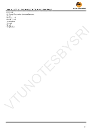 COMMUNICATION PROTOCOL ENGINEERING
50
165>GOAL
166>Geode Observation Automata Language
167>all
168>1-c 2-a 3-b
169>1-b 2-c 3-a
170>minimize
171>cdab
172>cab
173>fghiabcde
VTU
N
O
TESBYSR
I
 
