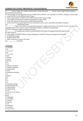 COMMUNICATION PROTOCOL ENGINEERING
54
55>______services require two stimulus-response pairs. On the other hand, _____services require single stimulus-response
pair (confirmed/unconfirmed)
56>The procedure for interoperability testing of CSMA/CD & CSMA/CA by using SDL is as follows. Arrange in correct order
a: create the MSCs for the different kinds of inputs
b: observe interworking of CSMA/CA & CSMA/CD from MSCs using a bridge
c: create FSMs for the protocols and their interoperations using a bridge
d: create SDL diagrams of the protocols and the bridge operations
e: run the system by giving the inputs from the environment such as source, destination and number of packets
Ans: ___________ (cdeab/dcabe/ebcda)
57>___________refers to the ability of communication protocol to support the network even when the network size grows w/o
consuming much of the resources such as bandwidth and buffers (scalability/interoperability)
58>BGP is designed to support scalability (true/false)___________
59>___________are fundamental scalability and performance tests (packet throughput/bandwidth capacity/both)
60>VRF stands for___________
61>The outcome of network scenario testing configuration is that RUT being tested supports the following
a: 50 MP-IBGP sessions
b: 50 MPLS RSVP LSPs
c: OSPF connection to a grid of 50 routers
Ans: ___________ (a/b/c/all)
ANSWERS:
1>evaluation
2>all
3>1-c 2-a 3-b
4>all
5>1-c 2-a 3-b
6>both
7>terminal
8>overall
9>delivery
10>T
11>all
12>analytic,simulation
13>analytic,simulation
14>measurement
15>both
16>bounding calculation
17>a
18>epoch
19>b
20>c
21>d
22>a
23>queueing network
24>queueing network
25>markov chain
26>markav chain
27>all
28>1-f 2-a 3-b 4-e 5-d 6-c
29>all
30>all
31>simulation
32>simulation
33>discrete
34>discrete
35>all
36>stochastic
37>stochastic
38>trace driven
VTU
N
O
TESBYSR
I
 