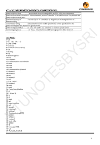 COMMUNICATION PROTOCOL ENGINEERING
5
protocol specification : it deals with the real coding of the protocol using software aspects
protocol verification/validation: it tests whether the protocol conforms to the specifications laid down in the
protocol specification phase
performance analysis : the services to be carried out by the protocol are being specified in a
formalized way
conformance testing : an automated tool is used to generate the formal specifications of a
protocol that represents the service specifications
protocol implementation : it looks into syntax and semantics of protocol specifications
monitoring/diagnosis : it checks for correctness and liveness properties of the protocol
___________
ANSWERS:
1>all
2>1-c 2-d 3-b 4-e 5-a
3>LAN ,WAN
4>software
5>communication software
6>all
7>dialing
8>all
9>data encryption
10>all
11>computer
12>communication environment
13>both
14>cdab
15>cdab
16>communication protocol
17>protocol
18>protocol
19>all
20>protocol
21>all
22>1-c 2-a 3-b
23>protocol
24>both
25>both
26>Finite State Machine
27>5
28>I ,O and S
29>N
30>A
31>abcd
32>aef
33>state transition
34>all
35>strongly
36>completely
37>minimal
38>Communicating FSM
39>CFSM
40>CFSM
41>protocol
42>node ,edge
43>CFSM
44>T
45>extended FSM
46>all
47>P ,T ,M0 ,IN ,OUT
VTU
N
O
TESBYSR
I
 