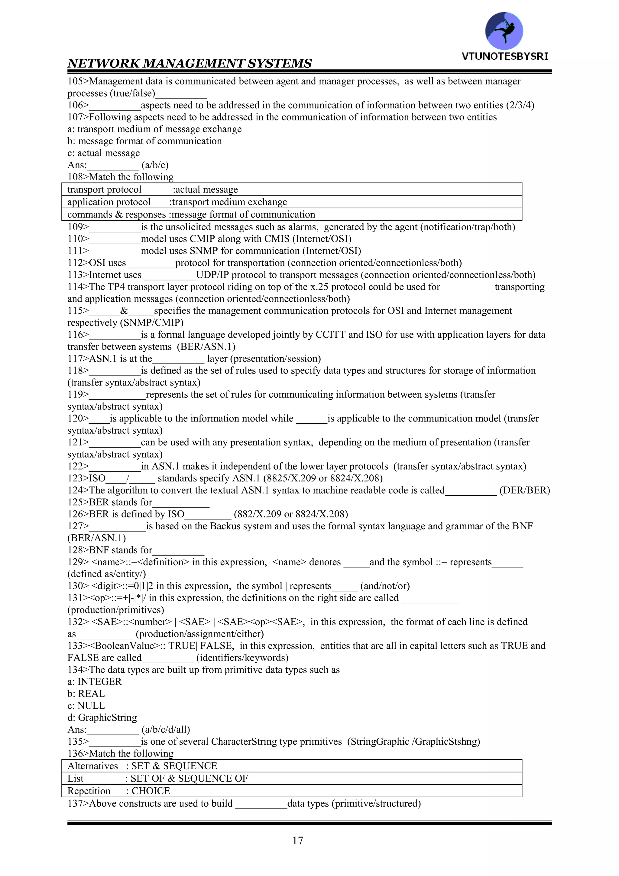 NETWORK MANAGEMENT SYSTEMS
16
87>Specification for the Internet are defined in RFC documents (true/false)___________
88>A managed object in the Internet model is defined by _____parameters (4/5/6)
89>A managed object in the Internet model is defined by five parameters and for this RFC=____ (1551/1515/1155)
90>A managed object in the Internet model is defined by following parameters
a: object identifier and descriptor
b: syntax
c: access
d: status
e: definition
Ans:___________ (a/b/c/d/e/all)
91>Match the following
object identifier and descriptor : textual description of the semantics of object type
Syntax : implementation requirements
Access : access privilege to a managed object
Status : used to model the object
Definition : unique ID and name for the object type
92>_____ object model is a scalar model and is easy to understand. In contrast , ______perspective of a managed
object is complex and has a different set of characteristics (OSI/Internet)
93>___________specifications are object oriented and hence a managed object belongs to an object class
(OSI/Internet)
94>___________of an object defines the external perspective of the object (entity/attribute)
95>___________of the object is to change its attribute (behavior/operation)
96>An OSI managed object has the following characteristics
a: object class
b: attributes
c: operations
d: behaviour
e: notifications
Ans:___________ (a/b/c/d/e/all)
97>Operation in the Internet model is done by _____&______ commands. Notification s done by
____&_____messages (get/set/response/alarm)
98>In____ , we can create and delete objects, these concepts do not exist in _______ (OSI/Internet)
99>_____characteristics of the Internet model is part of the security function in the OSI functional model
(status/access)______
100>___________characteristics of the Internet model is handled by conformance as part of application services in
OSI (status/access)
101>Match the following
Object type :counts number of packets
Syntax :Mandatory
Access :counter
Status :read only
Description :PktCounter
102>Match the following
Object class :generates notifications on new value
Attributes :get or set
Operations :retrieves or resets values
Behavior :packet counter
Notifications :Single valued
103>Following are characteristics from Internet perspective
a: object type
b: syntax
c: access
d: status
e: description
Ans:__________ (a/b/c/d/e/all)
104>Characteristics from OSI perspective are
a: object class b: attributes
c: operations d: behaviour
e: notifications
Ans:__________ (a/b/c/d/e/all)
VTU
N
O
TESBYSR
I
 
