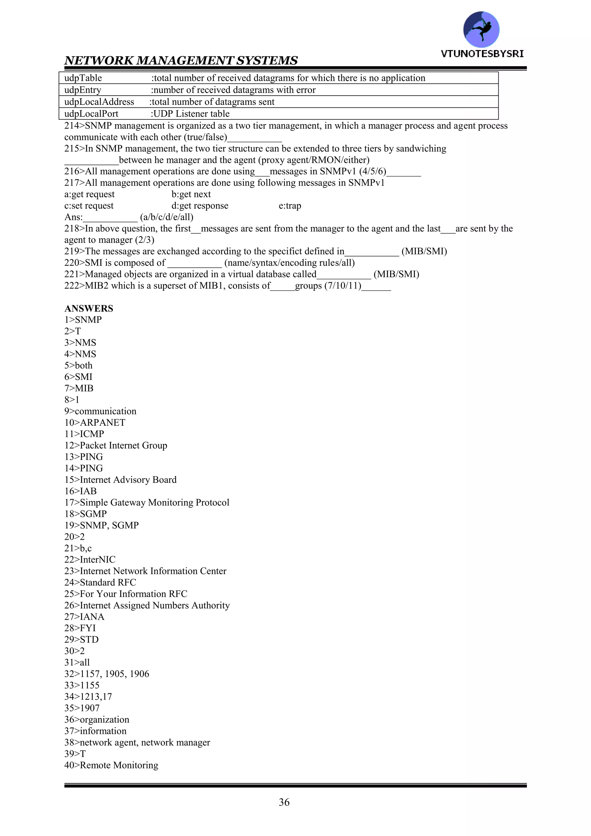 NETWORK MANAGEMENT SYSTEMS
35
icmpInSrcQuenches :number of ICMP time exceeded messages received
icmpInRedirects :number of ICMP destination unreachable messages received
icmpInEchoe :total number of ICMP messages received by the entity including icmpInErrors
icmpInEchoReps :number of message received by the entity with ICMP specific errors
207>Match the following
icmpInTimestamps :number of ICMP parameter problem messages sent
icmpInTimestampReps :number of ICMP Time exceeded messages sent
icmpInAddrMasks :number of ICMP destination unreachable messages sent
icmpInAddrMasksReps :number of ICMP timestamp message received
icmpOutMsgs :number of ICMP reply messages received
icmpOutErrors :number of ICMP address mask request messages received
icmpOutDestUnreachs :number of ICMP address mask reply messages received
icmpOutTimeExcds :total number of ICMP messages attempted to be sent by this entity
icmpOutParmProbs :number of good ICMP messages not sent, does not include the ones with errors
208>Match the following
icmpOutSrcQuechs :number of ICMP address mask reply messages sent
icmpOutRedirects :number of ICMP address mask request messages sent
icmpOutEchos :number of ICMP timestamp reply messages sent
icmpOutEchoReps :number of ICMP timestamp message sent
icmpOutTimestamp :number of ICMP echo reply messages sent
icmpOutTimestampReps :number of ICMP echo messages sent
icmpOutAddrMasks :number of ICMP redirect messages sent
icmpOutAddrMasksReps :number of ICMP source quench messages sent
209>In TCP group, the table entry has following indices to uniquely define it in the table
a:tcpConnLocalAddress
b:tcpConnLocalPort
c:tcpConnRemAddress
d:tcpConnRemPort
Ans:___________ (a/b/c/d/all)
210>Match the following
tcpRtoAlgorithm :number of resets done to either CLOSED or LISTEN
tcpRtoMin :number of failed attempts to make connection
tcpRtoMax :number of passive connections made LISTEN to SYN-RCVD state
tcpMaxConn :number of active connections made CLOSED TO SYN-SENT state
tcpActiveConn :Maximum number of TCP connections
tcpPassiveOpens :maximum value for timeout in milliseconds retransmission
tcpAttemptsFails :minimum value for timeout in milliseconds for retransmission
tcpEstabResets :timeout algorithm for retransmission of octets
211>Match the following
tcpCurrEstab :number of segment send containing RST flag
tcpInSegs :Total number of segments received in error
tcpOutSegs :Total number of segments retransmitted
tcpRetransSegs :TCO connection table
tcpConnTable :Total number of segments sent excluding retransmission
tcpInErrs :total number of segments received including with errors
tcpOutRsts :no of connections for which the current state is either ESTABLISHED or CLOSED WAIT
212>Match the following
tcpConnTable :remote port number
tcpConnEntry :remote IP address
tcpConnState :local port number
tcpConnLocalAddress :local IP address
tcpConnLocalPort :state of the TCP connection
tcpConnRemAddress :information about a particular TCP connection
tcpConnRemPort :TCO connection table
213>Match the following
udpInDatagrams :information about a particular connection or UDP listener
udpNoPorts :local IP address
udpInErrors :local UDP port
udpOutDatagrams :total number of datagrams delivered to the users
VTU
N
O
TESBYSR
I
 