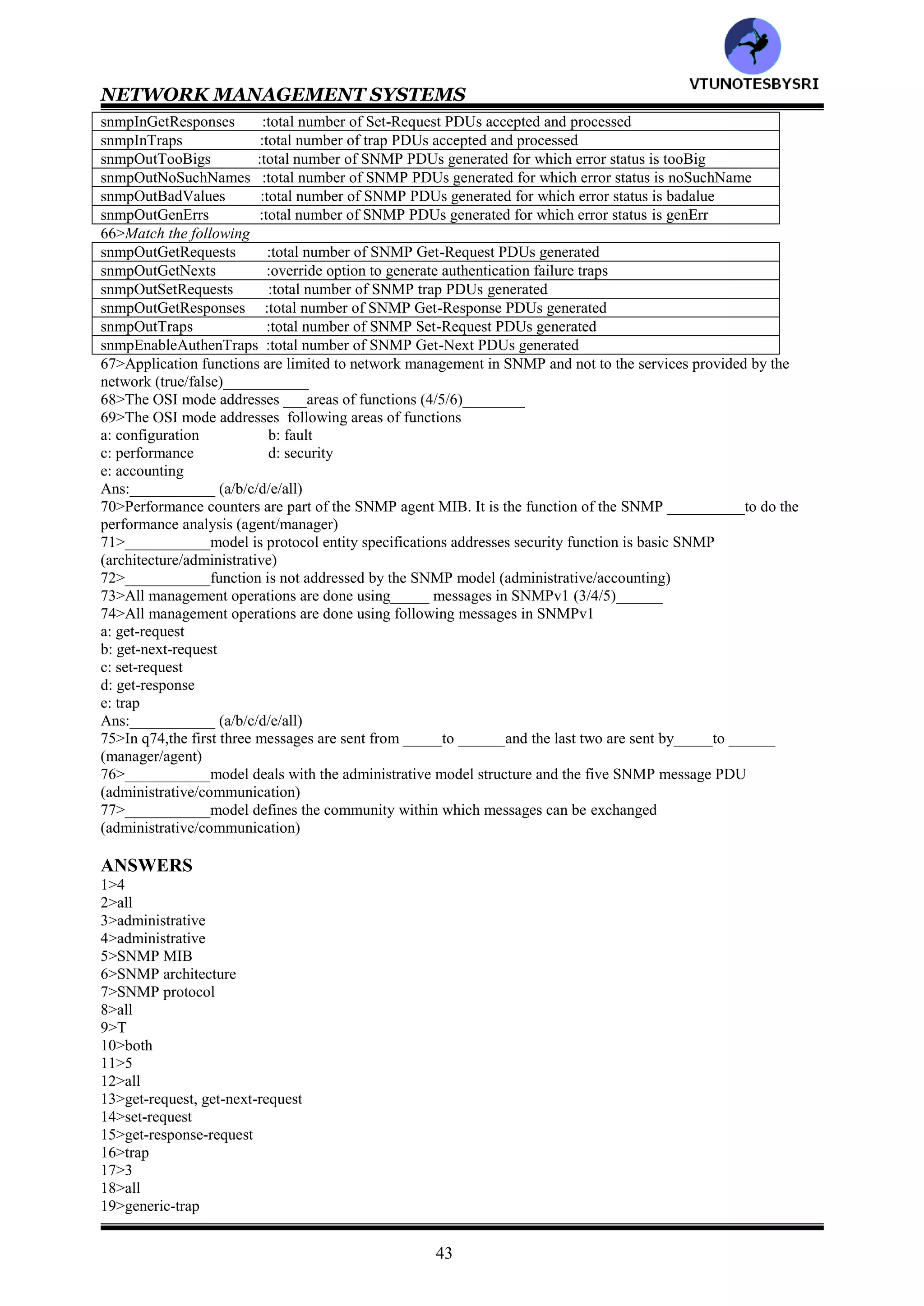 NETWORK MANAGEMENT SYSTEMS
42
coldStart :failure of one of the communication link
warmStart :one of the links has come up
linkDown :authentication failure
linkUp :loss of EGP neighbor
authenticationFailure :enterprise specific trap
egpNeighborLoss :sending protocol entity is reinitializing itself, agent configuration or protocol entity
implementation not altered
enterpriseSpecific :sending protocol entity is reinitializing itself, agent’s configuration or protocol
entity implementation may be altered
57>wrt Get-Request Operation for a System group, Arrange the following commands in correct sequence
a: GetRequest (sysObjectID.0)
b: GetResponse (sysObjectID.0=enterprise.11.2.3.10.1.2)
c: GetReques (sysDescr.0)
d: GetResponse (sysDescr.0="SunOS")
Ans:___________ (cdba/cdab)
58>wrt Get-Next-Request Operation for a System group, Arrange the following commands in correct sequence
a: GetNextRequest (sysDescr.0)
b: GetResponse (sysObjectID.0=enterprise.11.2.3.10.1.2)
c: GetRequest (sysDescr.0)
d: GetResponse (sysDescr.0="SunOS")
e: GetNextRequest (sysObjectID.0)
Ans:___________ (cdbae/cdabe)___________
59>Arrange the following numbers in lexographic order 1118 115 126 15 1
Ans:___________ (1 1118 126 115 15 /1 1118 115 126 15)
60>Get-next-request has following advantages
a: we dont need to know the object identifier of the next entity
b: we do not know how many rows exist in the table
c: we can use it to build a MIB tree by repeating the request from any node to any node.This is called MIB walk
Ans:___________ (a/b/c/all)
61>wrt Get-Next-Request operation for the MIB ,arrange the following commands in correct sequence
a: GetNextRequest (B)
b: GetResponse (T.E.1.1)
c: GetRequest (A)
d: GetResponse (A)
e: GetNextRequest (B)
f: GetRespons (B)
Ans:___________ (cdeafb/cdefab)
62>___________is a management tool that can capture the packets going across a transmission medium
(filter/sniffer)
63>Match the following
snmpInPkts :total number of messages from transport service that have tooBig errors
snmpOutPkts :total number of messages delivered from transport service
snmpInBadVersions :total number of ASN.1 And BER errors
snmpInBadCommunityNames :total number of messages from transport service,not allowed operation by
the sending community
snmpInBadCommunityUses :total number of messages from transport service that are of unknown
community name
snmpInASNParseErrs :total number of messages from transport service that are of unsupported
version
snmpInTooBigs :total number of messages delivered to transport service
64>Match the following
snmpInNoSuchNames :total number of messages from transport service that have 'noSuchName' errors
snmpInBadValues :total number of messages from transport service that have redOnly errors
snmpInReadOnlys :Total number of messages from transport service that have badValue errors
snmpInGenErrs :total number of messages from transport service that have genErr errors
snmpInTotalSetVars :Total number of successful Get-Request and Get-Next messages received
snmpInTotalReqVars :total number of objects successfully altered by Set-Request message recieved
snmpInGetRequests :total number of Get-Request PDUs accepted and processed
snmpInGetNexts :total number of Get-Next PDUs accepted and processed
65>Match the following
snmpInSetRequests :total number of Get-Response PDUs accepted and processed
VTU
N
O
TESBYSR
I
 
