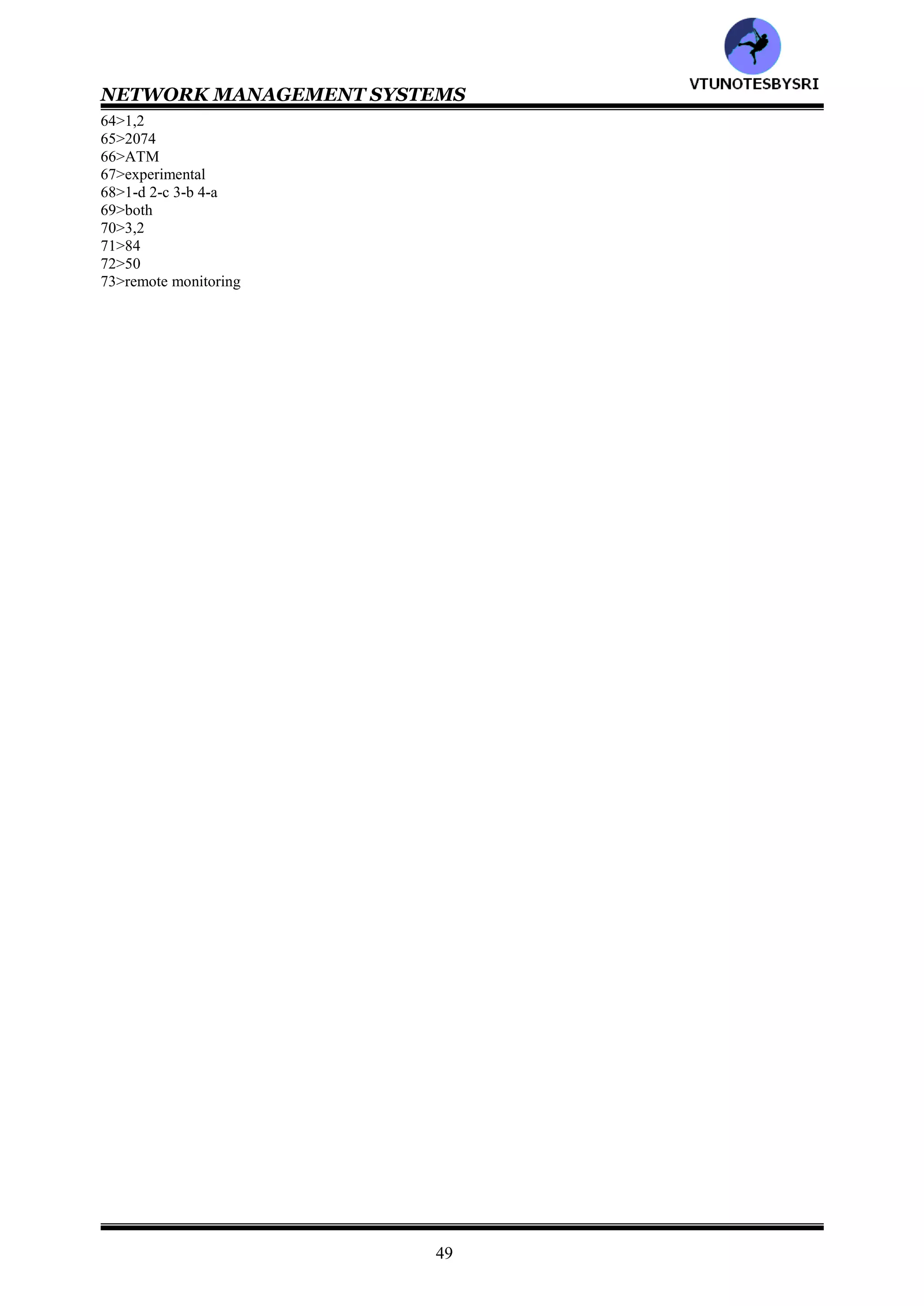 NETWORK MANAGEMENT SYSTEMS
48
2>either, either
3>Remote Network Monitoring
4>RMON
5>all
6>T
7>SMI
8>3
9>1757,1513
10>1,2
11>2021
12>9,1,10
13>both
14>OwnerString, EntryStatus
15>OwnerString
16>all
17>1-d 2-c 3-a 4-b
18>1
19>4
20>host & conversation
21>2
22>10
23>3
24>all
25>statistics gathering groups
26>1-c 2-d 3-e 4-b 5-a
27>1-d 2-c 3-b 4-a
28>LastCreateTime,TimeFilter
29>data table
30>1-b 2-c 3-a
31>statistics
32>both
33>history group
34>history group
35>alarm
36>either
37>absolute, delta
38>absolute
39>delta
40>host
41>all
42>1-b 2-c 3-a
43>host top N
44>matrix
45>1-c 2-a 3-b
46>filter
47>channel
48>both
49>packet capture
50>event
51>MAC layer, promiscuous
52>ringStationTable, ringStationControlTable
53>1-d 2-e 3-g 4-f 5-h 6-a 7-b 8-c
54>1
55>2021
56>10
57>1-d 2-e 3-c 4-b 5-a
58>1-d 2-e 3-c 4-b 5-a
59>protocol directory, protocol distribution
60>network layer host, network layer matrix
61>both
62>13
63>b,c
VTU
N
O
TESBYSR
I
 