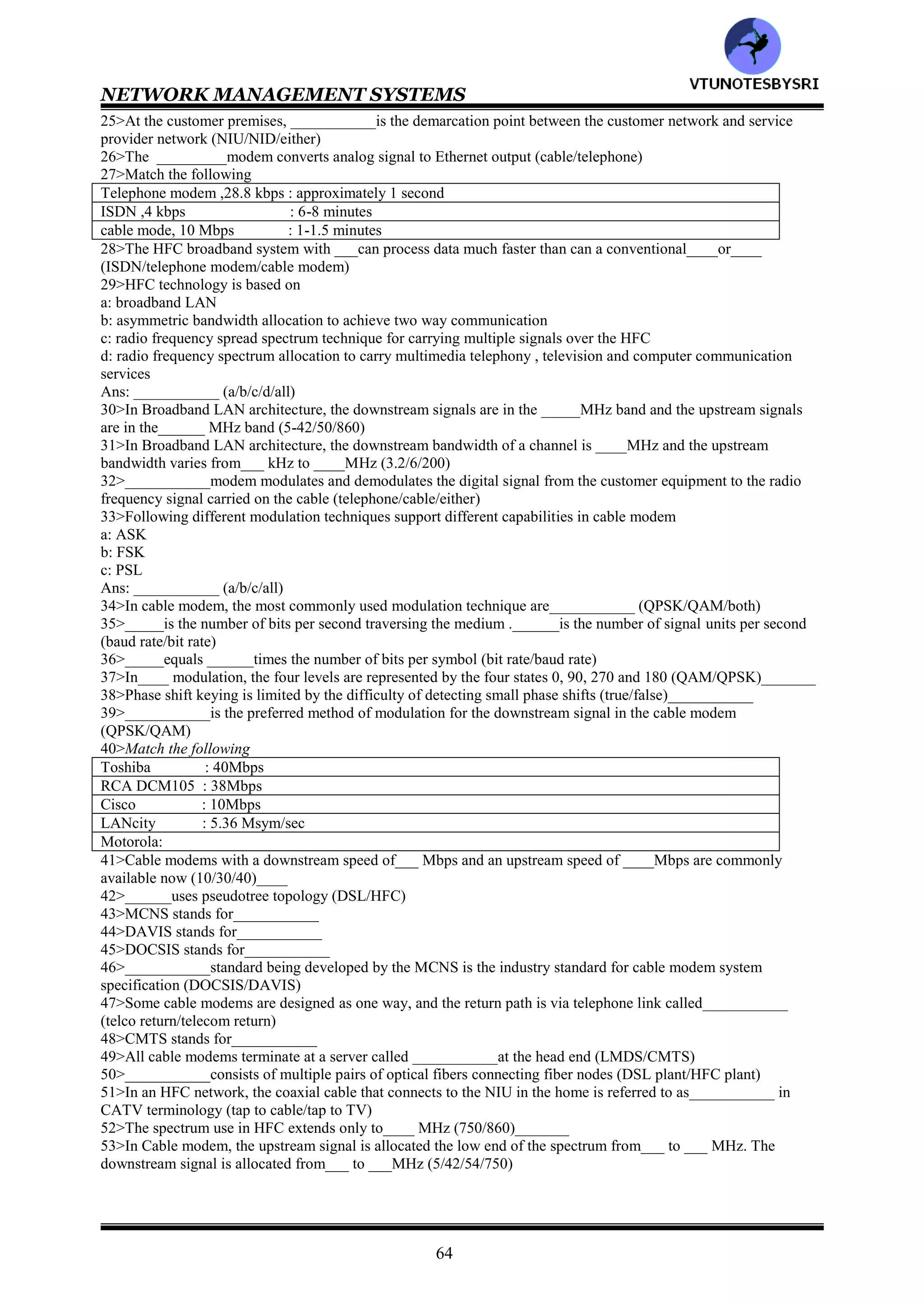 NETWORK MANAGEMENT SYSTEMS
63
CHAPTER 10: BROADBAND NETWORK MANAGEMENT
1>Following different types of customers have access to broadband networks
a: corporate or enterprise users who have campuswide networks
b: service providers
c: residential and small business customers who have multimedia requirements
Ans: __________ (a/b/c/all)
2>MSO stands for__________
3>HFC stands for__________
4>Following types of access technology are currently available to residential and small business customers
a: HFC/cable modem
b: DSL
Ans: __________ (a/b/both)
5>In the case of __________network, information is transmitted to the cable modem at the customer site from an
MSO facility (DSL/HFC)
6>The access network based on_______ uses the existing twisted pair loop facility from a central office to the
customer premises (DSL/HFC)
7>Different modes of access rely on following technologies
a: HFC cable
b: DSL
c: wireless communication
d: satellite communication
Ans: ___________ (a/b/c/d/all)
8>Broadband access technologies currently consist of following mutually independent methods
a: HFC cable
b: DSL
c: wireless communication
d: satellite communication
Ans: ___________ (a/b/c/d/all)
9>___________uses television transmission facilities and cable modems, and is the most widely deployed means
of access of the four (HFC/DSL/wireless/satellite)
10>In _____way telephony return configuration, the downstream signal to the customer traverses cable
(one/two)______
11>In____ way HFC mode, both upstream and downstream are handled by the HFC medium using a cable modem
(one/two)_______
12>DSL technology has 3 different implementations and is generally referred to as xDSL , where the x represents
asymmetric (A), high speed (H) Or very high speed (V) transmission (true/false)_______
13>Following broad categories of service are being offered in wireless access technology
a: MMDS/WCS
b: LMDS
c: ISM
Ans: ___________ (a/b/c/all)
14>MMDS/WCS stands for___________
15>LMDS stands for___________
16>ISM stands for__________
17>___________operates over the 2500-2686 MHz band and includes both one-way wireless with telephony return
and two-way wireless implementations, it has a range of up to 35 miles (MMDS/WCS or LMDS or ISM)
18>___________operates over two frequency bands, it has a range of about 3miles (MMDS/WCS or LMDS or
ISM)
19>___________operates over two frequency bands , the lower band has a range of only 0.5 mile but the higher
band has a range of up to 15 miles (MMDS/WCS or LMDS or ISM)
20>___________technology is based on existing cable television technology (DSL/HFC)
21>The signal going from the head end to the customer premises is called ___________signal
(downstream/forward path/either)
22>The signal going from the customer premises to the head end is called___________ signal (upstream/reverse
path/either)
23>NIU stands for___________
24>NID stands for___________
VTU
N
O
TESBYSR
I
 