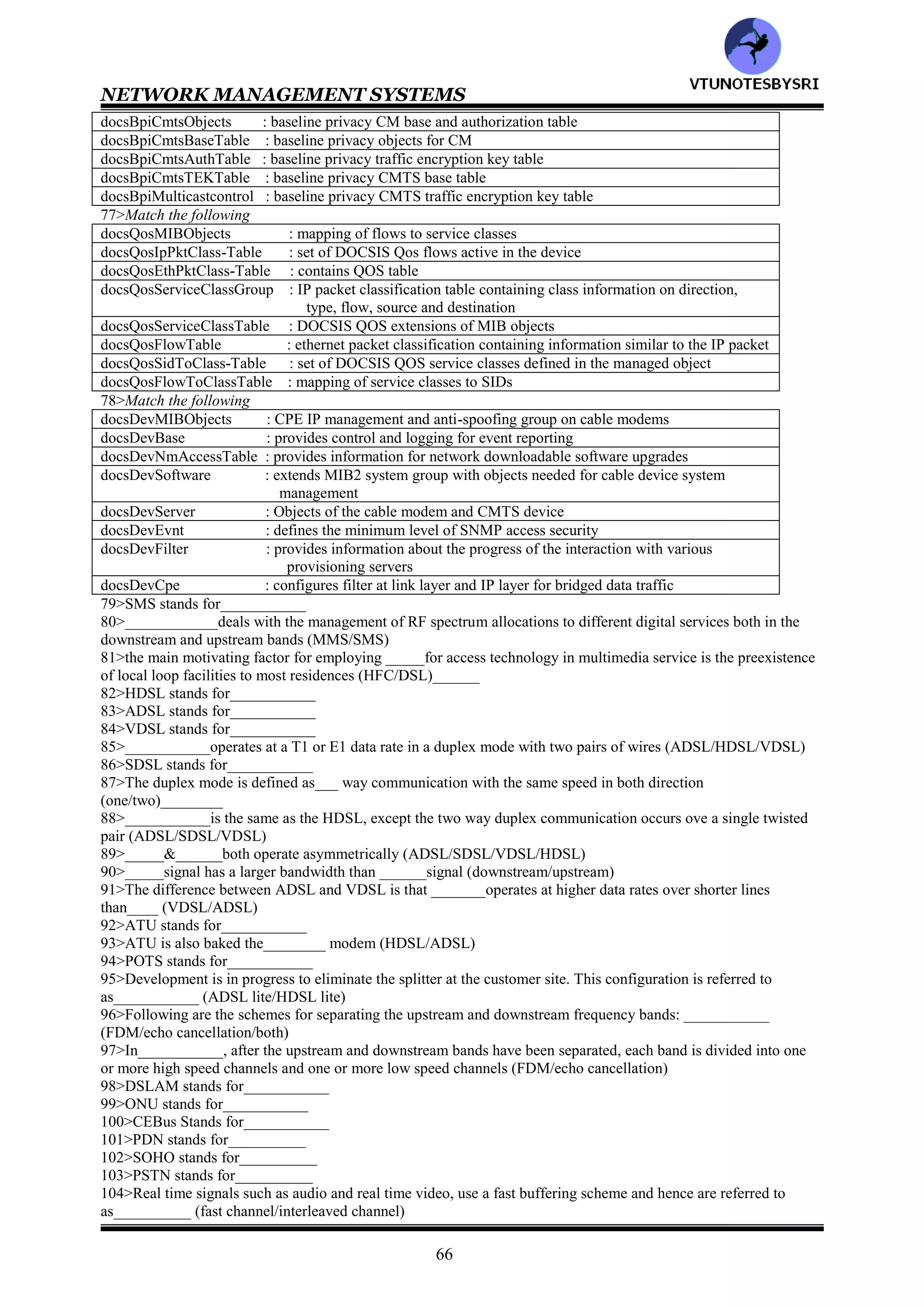 NETWORK MANAGEMENT SYSTEMS
65
54>Using noisy conditions, the cable modem could dynamically switch to different downstream and upstream
channels to improve the quality of service. Such a feature is called_____ (phase agile capability/frequency agile
capability)
55>CMCI stands for___________
56>DOCS-OSSI stands for___________
57>CMTRI stands for___________
58>DOCSS stands for___________
59>RFI stands for___________
60>In data over cable system reference architecture, the head end is connected to WAN, and multiple head ends can
be connected via the WAN to a regional center head end. In such a case, the local head end is referred to
as___________ hub (centralized/distribution)
61>DOCSIS places interfaces into following categories
a: data interface
b: operations support system interfaces and telephony return interface
c: RF and security interfaces
Ans: ___________ (a/b/c/all)
62>Match the following
data interface : RFI ,DOCSS
operations support system interfaces & telephony return interface : CMTRI ,DOCS-OSPG
RF & security interface : CMCI, CMT-NSI CMTS
63>Management of an HFC system with cable modems is more complex than the management of
___________network (computer/telecommunication/either)
64>Management of ____network is involved with data layers. Management of _______network is involved with
physical layer (computer/telecommunication)
65>HFC management encompasses ___________management (data layer/physical layer/both)
66>Following functional area are identified in the management of BIDS
a: network maintenance
b: subscriber support
c: planning
Ans: ___________ (a/b/c/all)
67>BIDS stands for___________
68>At the physical layer, HFC access network management functions include
a: detection of errors and corrections of ingress noise interference
b: amplifier gains
c: signal levels at the cable modems
d: power supply voltages
Ans: ______ (a/b/c/d/all)
69>At the data link layer, HFC access network management functions include
a: traditional configuration management
b: fault management
c: performance management
Ans: ___________ (a/b/c/all)
70>Cable modem and CMTS can be managed with ___________management (SMTP/SNMP)
71>CMTS is also called___________ (trail end reference/head end reference)
72>DOCS stands for ___________
73>The HFC element management can be divided into following components
a: cable modem management
b: CMTS management
c: HFC link management
d: RF spectrum management
Ans: ___________ (a/b/c/d/all)
74>The DOCS interface objects group, docsIfMIBObjects, has following subgroups
a: base interface objects group
b: CM interface objects group
c: CMTS interface objects group
Ans: ___________ (a/b/c/all)
75>The baseline privacy objects group, docsBpiMIBObjects, has ____subgroups (7/8/9)_______
76>Match the following
docsBpiCmObjects : baseline privacy CMTS multicast control group
docsBpiCmBaseTable : baseline privacy CMTS authorization table
docsBpiCmTEKTable : baseline privacy CMTS objects
VTU
N
O
TESBYSR
I
 
