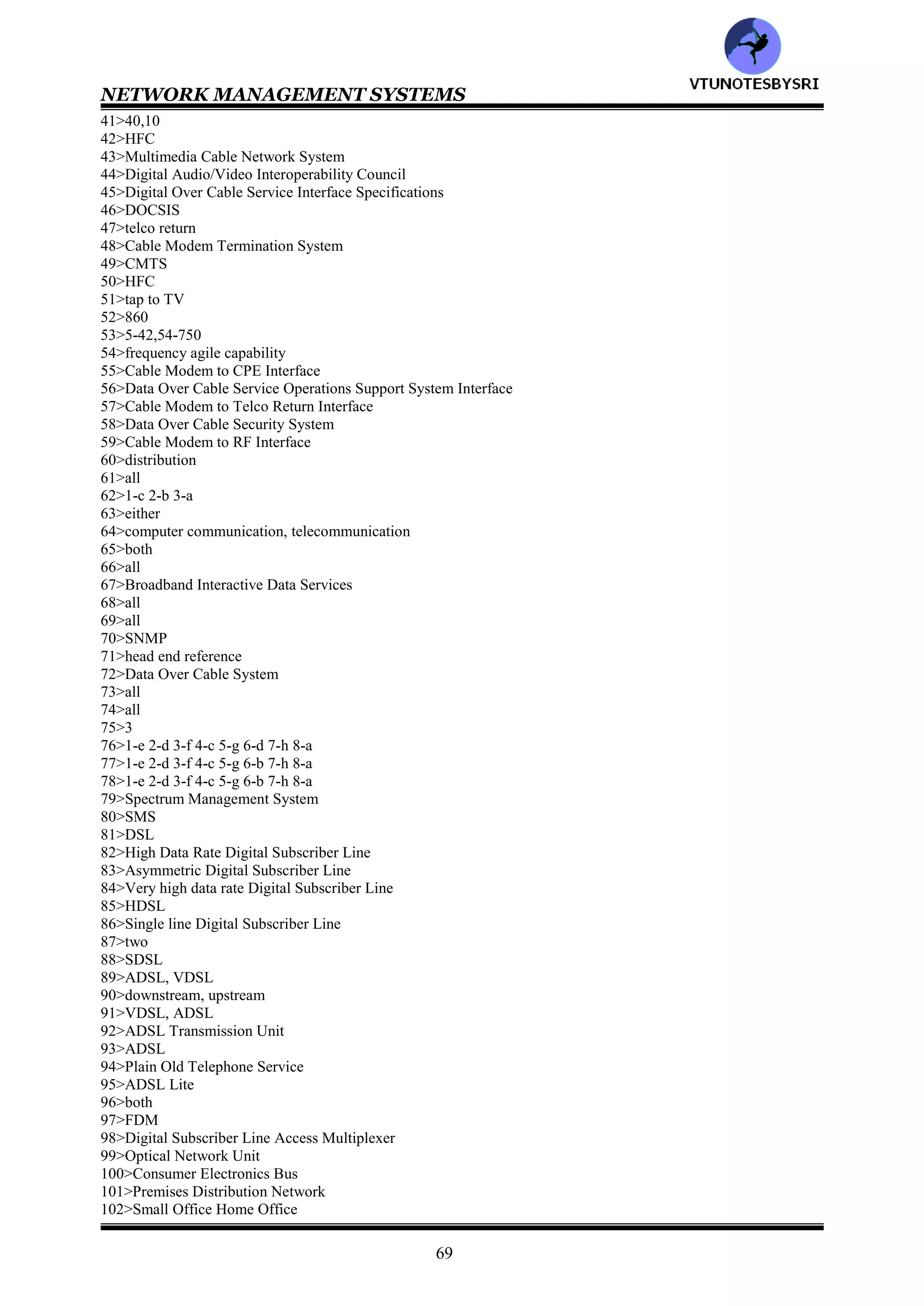 NETWORK MANAGEMENT SYSTEMS
68
noise margin : transmit delay introduced by the interleaving process
total output power : rate of modem before the last change
maximum attainable rate : data block on which the CRC check is done
current rate : current transmit rate to which the modem is adopted
previous rate : maximum currently attainable data rate by modem
channel data block length : total output power from the modem
interleave delay : measured power loss in dB from transmitter to receives ATU
Statistics : noise margin in dB of the ATU with respect to received signal
122>The ADSL forum has proposed integrating ADSL MIB with the standard IETF interaces group MIB2
interfaces, ifMIB, and transmission in the following manner
a: adslPhysIf: : {transmission 94}
b: adslIterIf: : ={transmission 124}
c: adslFastIf: : ={transmission 125}
Ans: __________ (a/b/c/all)
123>LCS stands for__________
124>___________access technology is primarily focused on bringing multimedia services to residence
(narrowband/broadband)
125>___________carrier information from the head end to the customer premises via fiber optic and coaxial cables
(DSL/HFC)
ANSWERS
1>all
2>Multiple Systems Operators
3>Hybrid Fiber Coaxial
4>both
5>HFC
6>DSL
7>all
8>all
9>HFC
10>one
11>two
12>T
13>all
14>Multi-channel multipoint distribution service/Wireless communication services
15>Local Multipoint Distribution Service
16>Instructional scientific & medical
17>MMDS/WCS
18>LMDS
19>ISM
20>HFC
21>either
22>either
23>Network Interface Unit
24>Network Interface Device
25>NID
26>cable modem
27>1-b 2-c 3-a
28>cable modem, telephone modem, ISDN
29>all
30>50-860,5-42
31>6,200,3.2
32>cable
33>all
34>both
35>bit rate, baud rate
36>bit rate, baud rate
37>QPSK
38>T
39>QAM
40>1-d 2-b 3-b 4-c 5-a
VTU
N
O
TESBYSR
I
 