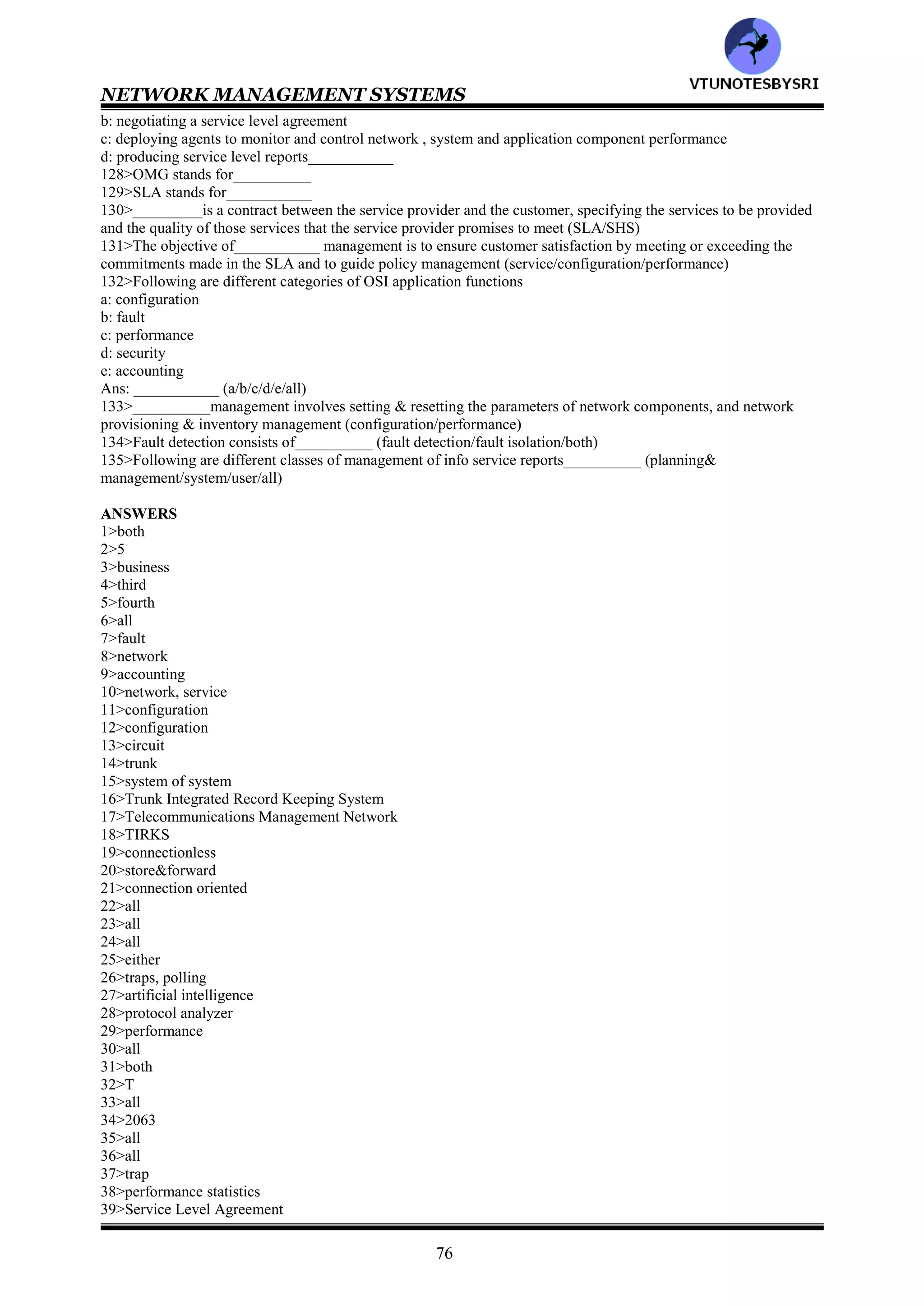 NETWORK MANAGEMENT SYSTEMS
75
a: there is a one-to-one relationship between the input and output messages
b: output digest is of constant length for a given algorithm with chosen parameters, irrespective of the input
message length
c: generation of a message digest is a one way function
Ans: __________ (a/b/c/all)
106>The digital signature is the reverse of __________key cryptography (secret/public)
107>_____is verification of the user's identification, and _____is the granting of access of the information
(authorization/authentication)
108>Following are different types client/server environments and the implementation of authentication in each
a: host/user environment
b: ticket-granting system
c: authentication server system
d: authentication using a cryptographic function
Ans: __________ (a/b/c/d/all)
109>Kerberos consists of an authentication server and a ticket granting server (true/false)__________
110>Following are different secure mail systems
a: PEM
b: PGP
c: X.400 based mail system
Ans: __________ (a/b/c/all)
111>PEM stands for__________
112>PEM services include
a: confidentiality
b: authentication
c: message integrity assurance
d: non-repudiation of origin
Ans: __________ (a/b/c/d/all)
113>Following are PEM processes based on message integrity and encryption
a: MIC-CLEAR
b: MIC-ONLY
c: ENCRYPTED
Ans: __________ (a/b/c/all)
114>In PEM, the specification provides following types of keys__________ (DEK/IK/both)
115>DEK stands for___________
116>__________is a secure mail package developed by Phil Zimmerman that is available in the public domain
(PGP/PEM)
117>IDEA i ________efficient than RSA (less/more)
118>PGP is similar to__________ PEM (ENCRYPTED/DECRYPTED)
119>The main difference between PGP & PEM is how the _______key is administered (secret/public)
120>__________are programs that, when executed, cause harm by making copies and inserting them into other
programs (worms/viruses)
121>Accounting management is probably the__________ developed network management application (most/least)
122>Reports can be classified into
a: planning and management reports
b: system reports
c: user reports
Ans: __________ (a/b/c/all)
123>__________reports keep upper-level management apprised of the status of network and system operations
(planning-management/system/user)
124>Match the following
Qos/service level agreement : function , use, personnel
traffic trends : current status, technology needs projection
technology trends : network &system availability, problem reports, service response
cost of operations : traffic patterns , analysis of internal &external traffic volume
125>Match the following
Traffic : network/servers, applications
Failures : traffic load internal & external
Performance : network & system failures
126>The engineering and operations functions require _________oriented reports (application/operation)
127>Service level management is defined as the process of
a: identifying services and characteristics associated with them
VTU
N
O
TESBYSR
I
 