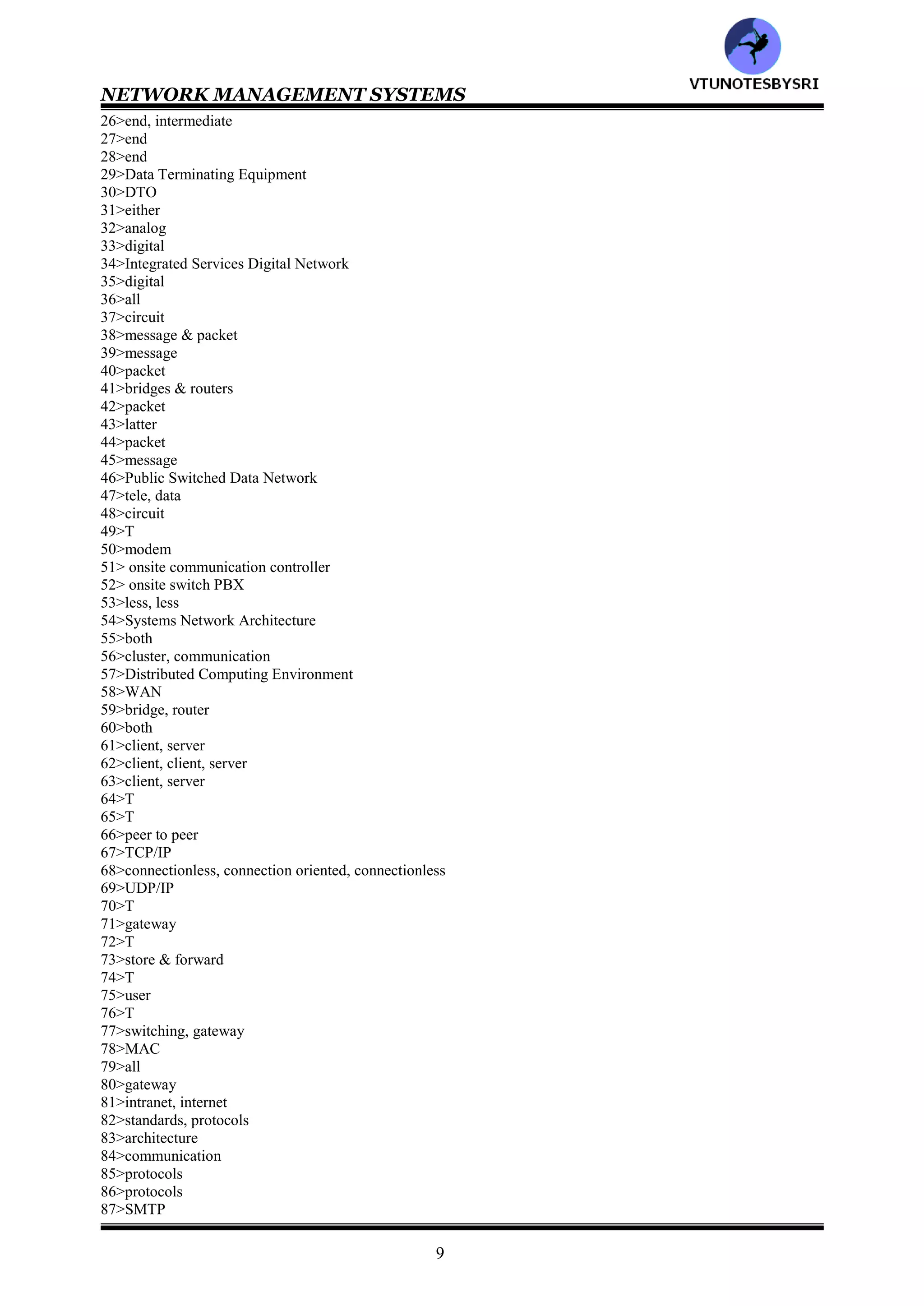 NETWORK MANAGEMENT SYSTEMS
8
205>The two major standards are the Internet and the OSI standards (true/false)___________
206>TMN stands for___________
207>The popular _____ end systems are housed either on SUN or HP UNIX based workstations. The ______end
network management systems run either on Windows 95/98 or Windows NT (low/high)
208>Network connectivity could be tested using the ping command in UNIX (traceroute) and Windows NT
(tracert) based system (true/false)___________
209>The current network management systems are based on the ________protocol (SMTP/SNMP)
210>following are limitations of current network management systems
a: they need a dedicated NMS monitoring station, which must be on a specific type of platform
b: the values of the managed objects should be defined as scalar values
c: SNMP based management is a poling based system
Ans:___________ (a/b/c/all)
211>__________ based management protocol CMIP is object oriented (OSI/Internet)
212>Limitations in SNMP based management have been overcome by the emerging web based management
(true/false)___________
213>A web based system is platform independent for the management software using Java languase in the managed
components , for the Web based NMS server as well as for Web browser monitors (true/false)___________
214>Following are web based management schemes
a: Java based JMX developed by Sun
b: WBEM based on the Common Information Model developed by Microsoft
Ans:___________ (a/b/both)
215>JMX stands for___________
216>WBEM stands for__________
217>The broadband multimedia service is based on ATM SONET wide area network and several emerging access
technologies such as HFC and ADSL (true/false)___________
218>HFC stands for___________
219>ADSL stands for___________
220>___________network, which is the direction of the next generation network, would include embedded
network management applications (intelligent/active)
221>following methods can be used to find the root of a problem in network
a: artificial intelligence
b: algorithmic schemes
c: finite state machine
Ans:___________ (a/b/c/all)
222>_____establish secure networks , and______ ensures secure communication (cryptography/firewalls)
ANSWERS:
1>T
2>5,3
3>trunk
4>lowest
5>
6>1-c 2-e 3-d 4-a 5-b
7>loop
8>T
9>Direct Distance Dialing
10>DDD,3
11>1-c 2-b 3-a
12>either
13>switch
14>T
15>T
16>Network Operation Center
17>NOC
18>NOC
19>user
20>restoration of services, quality and economy
21>Plain Old Telephone Service
22>network
23>both
24>link
25>both
VTU
N
O
TESBYSR
I
 