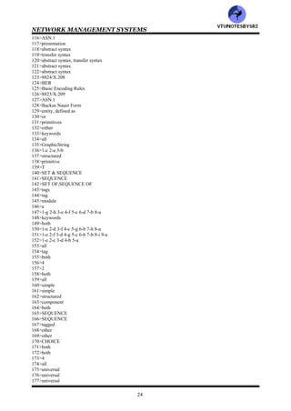 NETWORK MANAGEMENT SYSTEMS
23
54>communication
55>organization
56>all
57>organization
58>T
59>Management Database
60>agent
61>unmanaged
62>T
63>manager
64>manager, agent
65>3
66>manager, agent
67>Manager of Managers
68>NMS
69>information
70>information
71>information
72>SMI, MIB
73>MIB
74>manager, agent
75>MDB,MIB
76>MDB,MIB
77>all
78>managed
79>Management Information Tree
80>OSI
81>3
82>all
83>International Standards Organization
84>International Telecommunications Union
85>5
86>all
87>T
88>5
89>1155
90>all
91>1-e 2-d 3-c 4-b 5-a
92>Internet, OSI
93>OSI
94>attribute
95>behavior
96>all
97>get&set, response&alarm
98>OSI, Internet
99>access
100>status
101>1-e 2-c 3-d 4-b 5-a
102>1-d 2-e 3-b 4-c 5-a
103>all
104>all
105>T
106>3
107>all
108>1-b 2-c 3-a
109>both
110>OSI
111>Internet
112>both
113>connectionless
114>connection oriented
115>CMIP,SNMP
VTU
N
O
TESBYSR
I
 