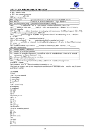 NETWORK MANAGEMENT SYSTEMS
58
Ans : __________ (a/b/c/d/all)
169>___________generic threats are considered in the threat analysis of an ATM network (5/6/7)
170>Following generic threats are considered in the threat analysis of an ATM network
a: masquerade or spoofing
b: eavesdropping
c: unauthorized access
d: loss or corruption of information
e: repudiation
f: forgery
g: denial of service
Ans : __________ (a/b/c/d/e/f/g/all)
171>Match the following
verification of identities : access control
controlled access and authorization : confidentiality
Protection of confidentiality, transferred data : integrity
Protection of confidentiality, stored data : non-repudiation
protection of data integrity, transferred data : user authentication
protection of data integrity, stored data : security alarm, audit trail and recovery
strong accountability:
activity logging:
alarm reporting:
audit:
172>In LAN emulation, we are concerned with following servers
a: LES
b: BUS
c: LECS
Ans : __________ (a/b/c/all)
173>Following MIB modules are under the ATM LANE module
a: elanMIB
b: lesMIB
c: busMIB
Ans : ___________ (a/b/c/all)174>In ATM LANE emulation MIB, ___enables a network manager to change the
configuration of ELANs .___&____allow reading back the current status of the ELANs (elanMIB/lesMIB/busMIB)
175>ELAN stands for__________
176>__________MIB deals with information required for a LEC to join an ELAN (VLAN/ELAN)
177>Following manual steps are necessary in creating an ELAN
a: create a new ELAN in the elanMIB
b: create a LES entry for that ELAN using the lesMIB
c: create a BUS entry for that ELAN using the busMIB
Ans : __________ (a/b/c/all)
178>The elanMIB consists of following groups
a: ELAN administration b: ELAN configuration c: ELAN LECS
Ans : __________ (/b/c/all)
179>Match the following wrt elanMIB
ELAN administration group : allows the configuration and monitoring of LECS
ELAN configuration group : is a registry for the LEC assignment policy types
LECS configuration group : provides the configuration for emulated LANs
180>LAN emulation server MIB contains following groups
a: LES configuration group
b: LES statistics group
c: LES-LEC statistics group
d: LES fault management group
Ans : __________ (a/b/c/d/all)
181>Match the following
LES configuration group : is responsible for maintaining a log of errors in LES
LES statistics group : provides information on LES configuration and topology
LES-LECS statistics group : measures performance and fault data
LES fault management group : has the entire LAN emulation ARP request-related counter and error counts
on a per LEC-LES pair basis
182>busMIB consists of following groups
a: BUS configuration group
VTU
N
O
TESBYSR
I
 
