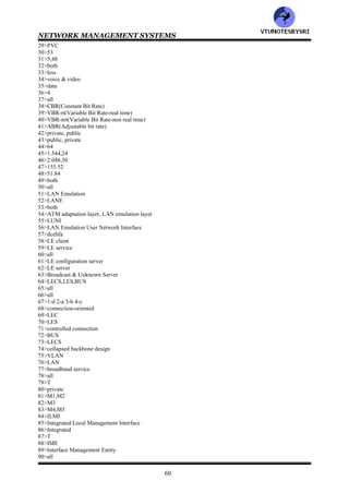 NETWORK MANAGEMENT SYSTEMS
59
b: BUS statistics group
c: BUS fault management group
Ans : __________ (a/b/c/all)
183>Match the following
BUS configuration : provides information on BUS statistics and BUS LEC statistics
BUS statistics : addresses BUS errors and maintains a log of the errors
BUS fault management group : provides information on BUS topology
184>__________is between DTE and DCE and connects o a public data network (DSU/DXI)
185>____is a hub or router, and ______is a DSU , which interfaces with an ATM switch (DTE/DCE/DXI)
186>LMI stands for__________
187>The ATM _______defines the protocol for exchanging information across the DXI and supports DXI-, AAL-
and UNI-specific management information (LES/LMI)
188>__________protocol supports the SNMP management system and the IME running on an ATM switch
(LES/LMI)
189>ATM is based on _____transmission (cell/packet)_____
190>ATM is a hybrid of ____&______mode transmissions (message/packet/circuit)
191>__________, which is an outgrowth of switched hub development, is well suited for the ATM environment
(ELAN/VLAN)
192>The OSI standards have identified ___M Interfaces for managing ATM networks (3/4/5)_______
193>Match the following
M1: manages private ATM networks
M2: manages ATM network elements
M3: manages the network at the network element level using the network element view or at the network
management level using the network view
M4: is between the NMSs of two service providers
M5: manages ATM network elements
194>____defines the management interface of the ATM network for public service providers
(M1/M2/M3/M4/M5)______
195>Number of levels in TMN as defined by OSI standard (4/5/6)__________
196>Fault, performance and security management specifications are addressed in the __interface specifications
(M1/M2/M3/M4/M5)
ANSWERS
1>both
2>WAN, access network
3>narrowband
4>narrowband
5>broadband
6>all
7>WAN, local loop
8>broadband
9>broadband
10>MSO
11>B,D
12>all
13>circuit, packet
14>51.84
15>all
16>HFC
17>both
18>gateways
19>broadband
20>ATM, broadcast protocol
21>T
22>ATM
23>all
24>ATM forum
25>
26>faster
27>SVC
28>PVC
VTU
N
O
TESBYSR
I
 