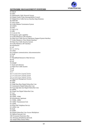 NETWORK MANAGEMENT SYSTEMS
68
noise margin : transmit delay introduced by the interleaving process
total output power : rate of modem before the last change
maximum attainable rate : data block on which the CRC check is done
current rate : current transmit rate to which the modem is adopted
previous rate : maximum currently attainable data rate by modem
channel data block length : total output power from the modem
interleave delay : measured power loss in dB from transmitter to receives ATU
Statistics : noise margin in dB of the ATU with respect to received signal
122>The ADSL forum has proposed integrating ADSL MIB with the standard IETF interaces group MIB2
interfaces, ifMIB, and transmission in the following manner
a: adslPhysIf: : {transmission 94}
b: adslIterIf: : ={transmission 124}
c: adslFastIf: : ={transmission 125}
Ans: __________ (a/b/c/all)
123>LCS stands for__________
124>___________access technology is primarily focused on bringing multimedia services to residence
(narrowband/broadband)
125>___________carrier information from the head end to the customer premises via fiber optic and coaxial cables
(DSL/HFC)
ANSWERS
1>all
2>Multiple Systems Operators
3>Hybrid Fiber Coaxial
4>both
5>HFC
6>DSL
7>all
8>all
9>HFC
10>one
11>two
12>T
13>all
14>Multi-channel multipoint distribution service/Wireless communication services
15>Local Multipoint Distribution Service
16>Instructional scientific & medical
17>MMDS/WCS
18>LMDS
19>ISM
20>HFC
21>either
22>either
23>Network Interface Unit
24>Network Interface Device
25>NID
26>cable modem
27>1-b 2-c 3-a
28>cable modem, telephone modem, ISDN
29>all
30>50-860,5-42
31>6,200,3.2
32>cable
33>all
34>both
35>bit rate, baud rate
36>bit rate, baud rate
37>QPSK
38>T
39>QAM
40>1-d 2-b 3-b 4-c 5-a
VTU
N
O
TESBYSR
I
 