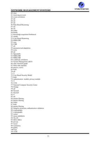 NETWORK MANAGEMENT SYSTEMS
76
b: negotiating a service level agreement
c: deploying agents to monitor and control network , system and application component performance
d: producing service level reports___________
128>OMG stands for__________
129>SLA stands for___________
130>_________is a contract between the service provider and the customer, specifying the services to be provided
and the quality of those services that the service provider promises to meet (SLA/SHS)
131>The objective of___________ management is to ensure customer satisfaction by meeting or exceeding the
commitments made in the SLA and to guide policy management (service/configuration/performance)
132>Following are different categories of OSI application functions
a: configuration
b: fault
c: performance
d: security
e: accounting
Ans: ___________ (a/b/c/d/e/all)
133>__________management involves setting & resetting the parameters of network components, and network
provisioning & inventory management (configuration/performance)
134>Fault detection consists of__________ (fault detection/fault isolation/both)
135>Following are different classes of management of info service reports__________ (planning&
management/system/user/all)
ANSWERS
1>both
2>5
3>business
4>third
5>fourth
6>all
7>fault
8>network
9>accounting
10>network, service
11>configuration
12>configuration
13>circuit
14>trunk
15>system of system
16>Trunk Integrated Record Keeping System
17>Telecommunications Management Network
18>TIRKS
19>connectionless
20>store&forward
21>connection oriented
22>all
23>all
24>all
25>either
26>traps, polling
27>artificial intelligence
28>protocol analyzer
29>performance
30>all
31>both
32>T
33>all
34>2063
35>all
36>all
37>trap
38>performance statistics
39>Service Level Agreement
VTU
N
O
TESBYSR
I
 