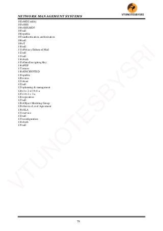 NETWORK MANAGEMENT SYSTEMS
78
102>MD2 utility
103>SHS
104>SHS,MD5
105>all
106>public
107>authentication, authorization
108>all
109>T
110>all
111>Privacy Enhanced Mail
112>all
113>all
114>both
115>Data Encrypting Key
116>PGP
117>more
118>ENCRYPTED
119>public
120>virus
121>least
122>all
123>planning & management
124>1-c 2-d 3-b 4-a
125>1-b 2-c 3-a
126>operation
127>all
128>Object Modeling Group
129>Service Level Agreement
130>SLA
131>service
132>all
133>configuration
134>both
135>all
VTU
N
O
TESBYSR
I
 