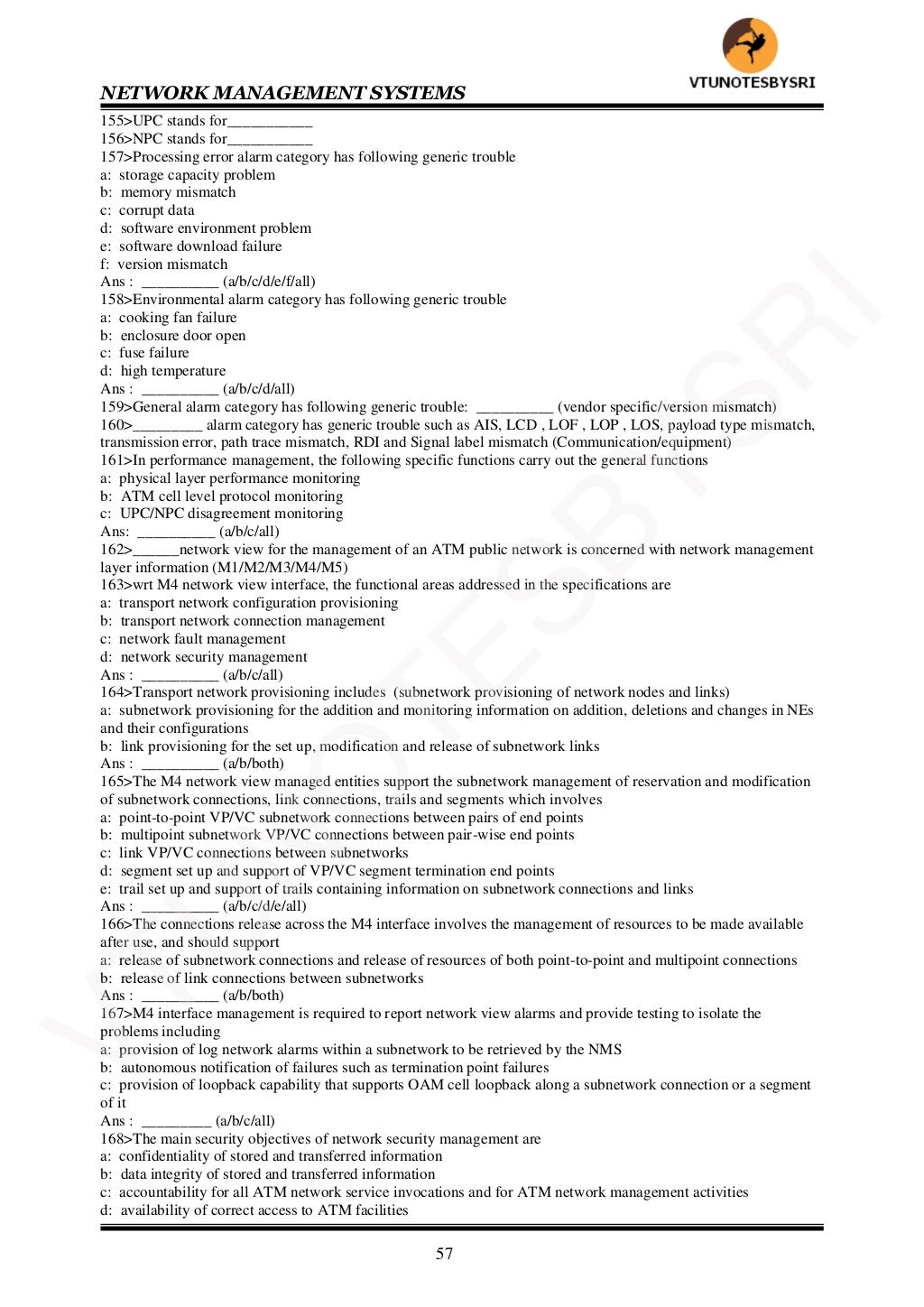 MULTIPLE CHOICE QUESTIONS WITH ANSWERS ON NETWORK MANAGEMENT SYSTEMS