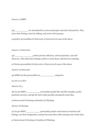 Mbti Sample Questions Multiple choice questions with answers | DOCX