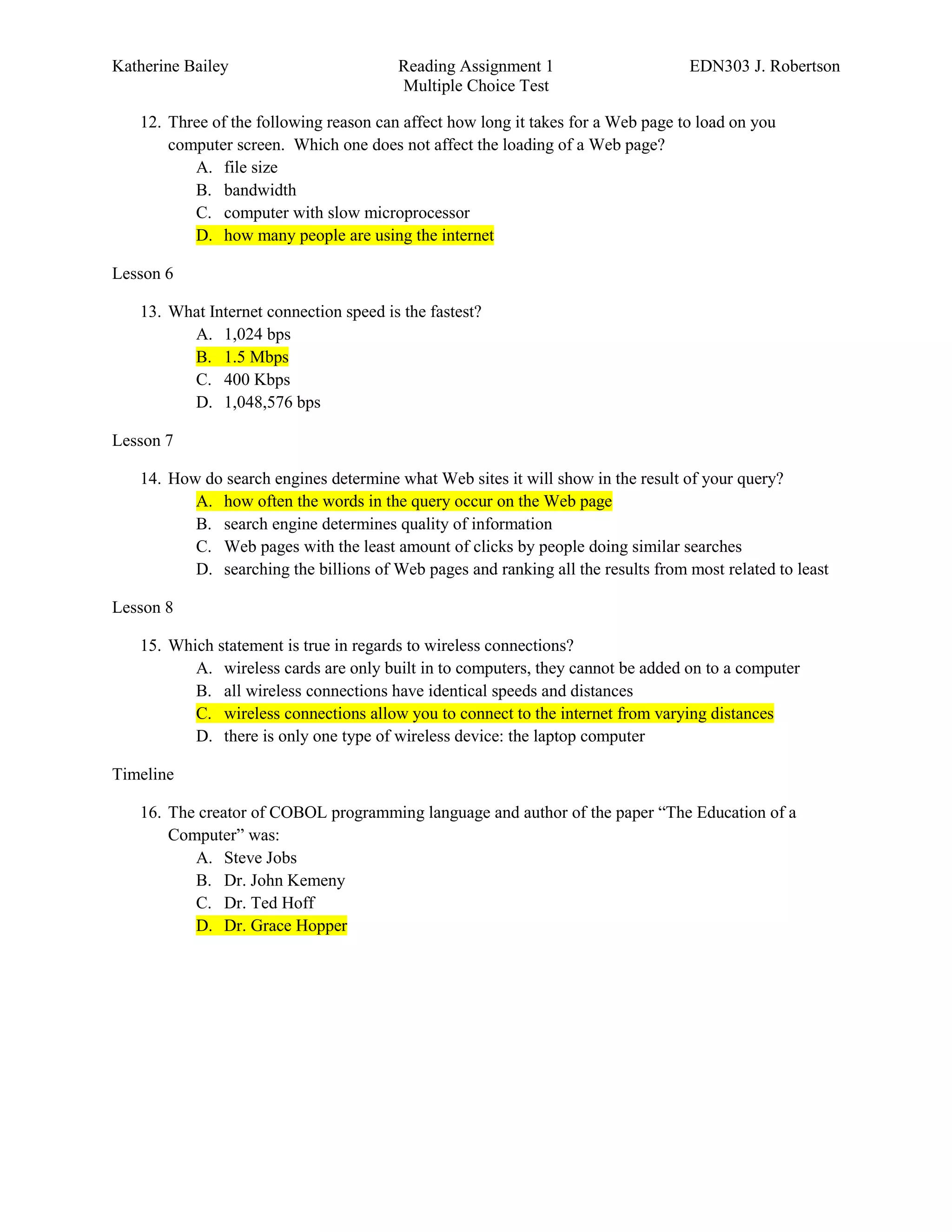 Multiple choice quiz for introductions to computers | DOCX | Internet ...