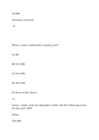 20,000
Insurance recovery
–0–
What is John’s deductible casualty loss?
A) $0.
B) $15,800.
C) $15,900.
D) $35,900.
E) None of the above.
13.
Janice, single with one dependent child, had the following items
for the year 2009:
Salary
$30,000
 
