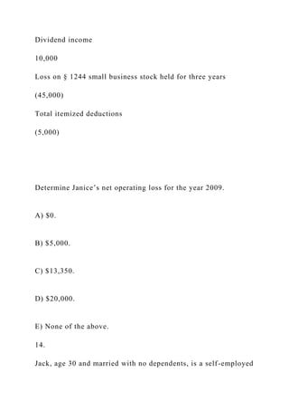 Dividend income
10,000
Loss on § 1244 small business stock held for three years
(45,000)
Total itemized deductions
(5,000)
Determine Janice’s net operating loss for the year 2009.
A) $0.
B) $5,000.
C) $13,350.
D) $20,000.
E) None of the above.
14.
Jack, age 30 and married with no dependents, is a self-employed
 