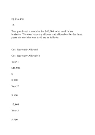 E) $16,400.
15.
Tara purchased a machine for $40,000 to be used in her
business. The cost recovery allowed and allowable for the three
years the machine was used are as follows:
Cost Recovery Allowed
Cost Recovery Allowable
Year 1
$16,000
$
8,000
Year 2
9,600
12,800
Year 3
5,760
 
