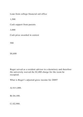 Loan from college financial aid office
1,500
Cash support from parents
3,000
Cash prize awarded in contest
500
$8,600
Roger served as a resident advisor in a dormitory and therefore
the university waived the $2,400 charge for the room he
occupied.
What is Roger’s adjusted gross income for 2009?
A) $11,000.
B) $4,100.
C) $2,900.
 