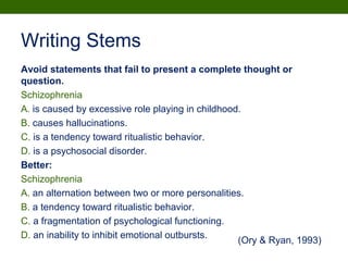 Writing Stems
Avoid statements that fail to present a complete thought or
question.
Schizophrenia
A. is caused by excessive role playing in childhood.
B. causes hallucinations.
C. is a tendency toward ritualistic behavior.
D. is a psychosocial disorder.
Better:
Schizophrenia
A. an alternation between two or more personalities.
B. a tendency toward ritualistic behavior.
C. a fragmentation of psychological functioning.
D. an inability to inhibit emotional outbursts.
(Ory & Ryan, 1993)
 