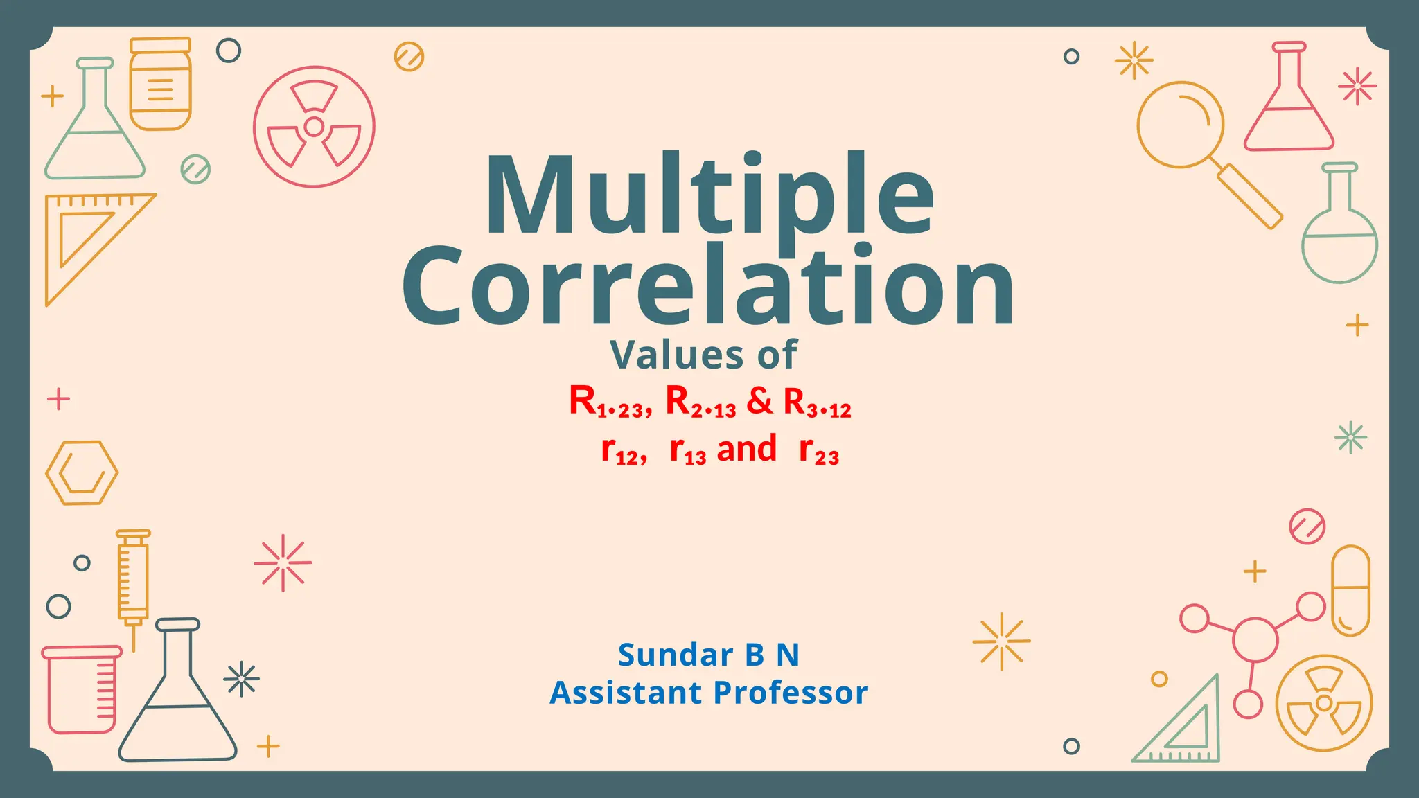Multiple
Correlation
Values of
Sundar B N
Assistant Professor
R₁.₂₃, R₂.₁₃ & R₃.₁₂
r₁₂, r₁₃ and r₂₃
 