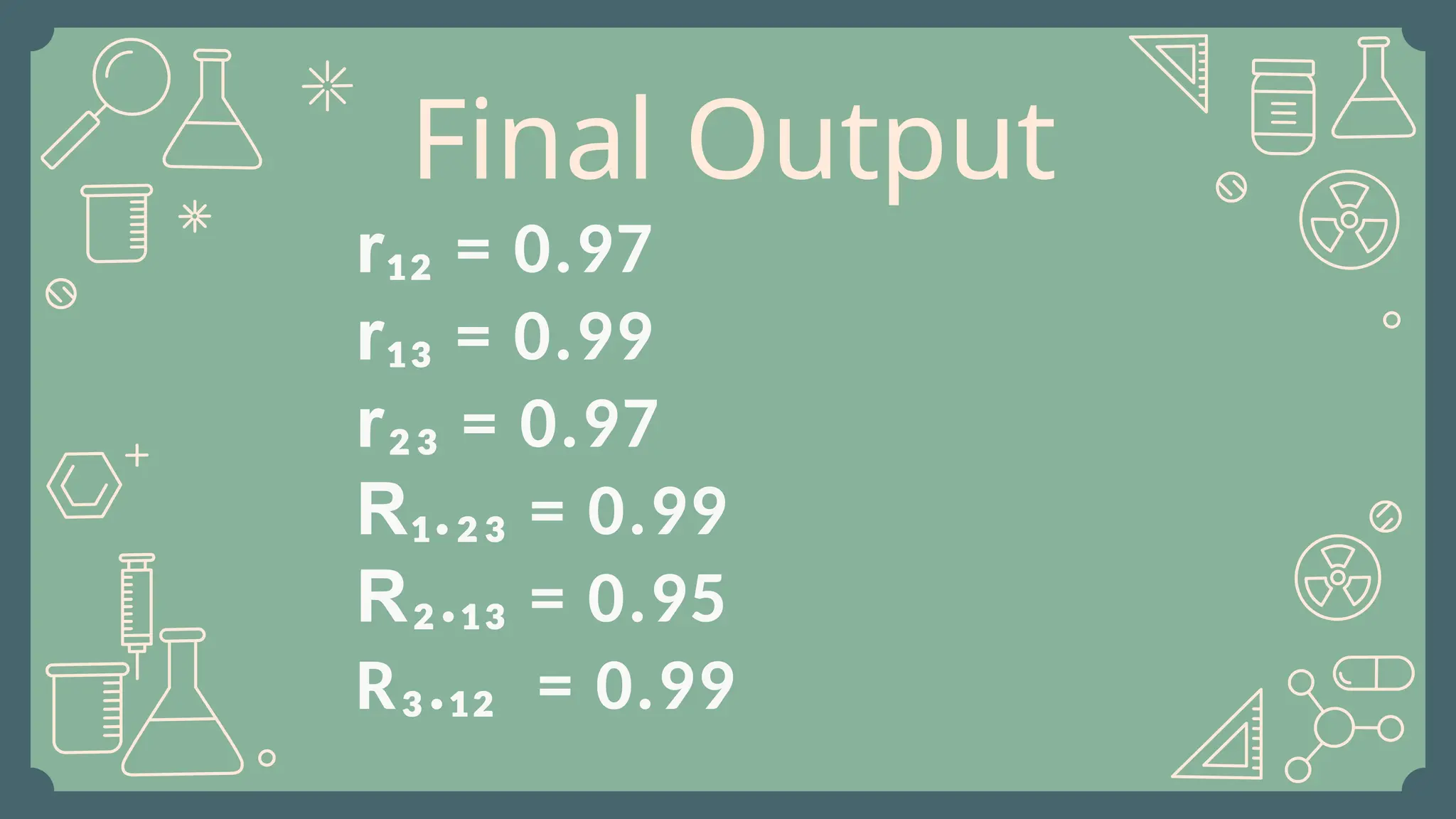 Final Output
r₁₂ = 0.97
r₁₃ = 0.99
r₂₃ = 0.97
R₁.₂₃ = 0.99
R₂.₁₃ = 0.95
R₃.₁₂ = 0.99
 