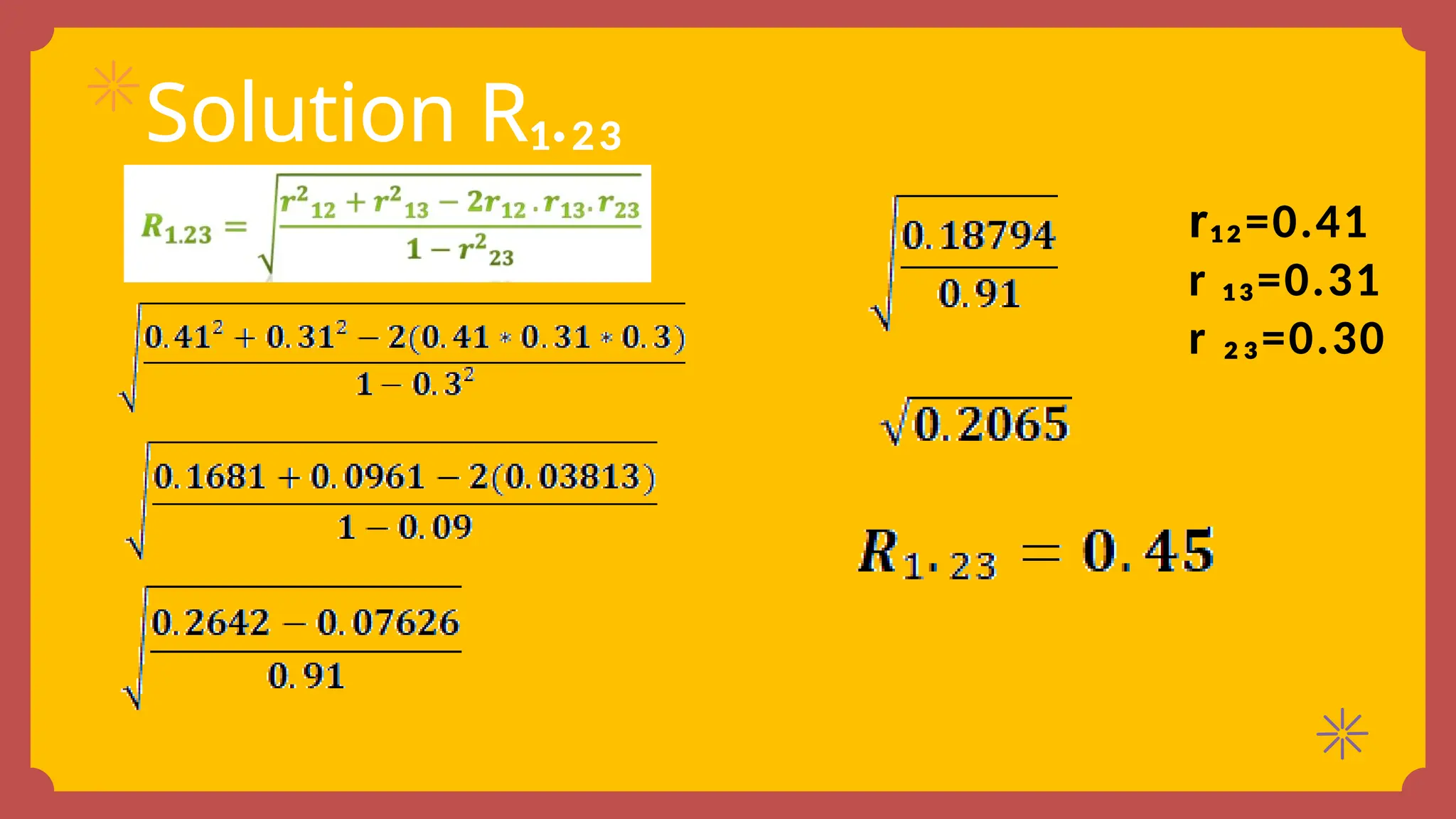 Solution R₁.₂₃
r₁₂=0.41
r ₁₃=0.31
r ₂₃=0.30
 