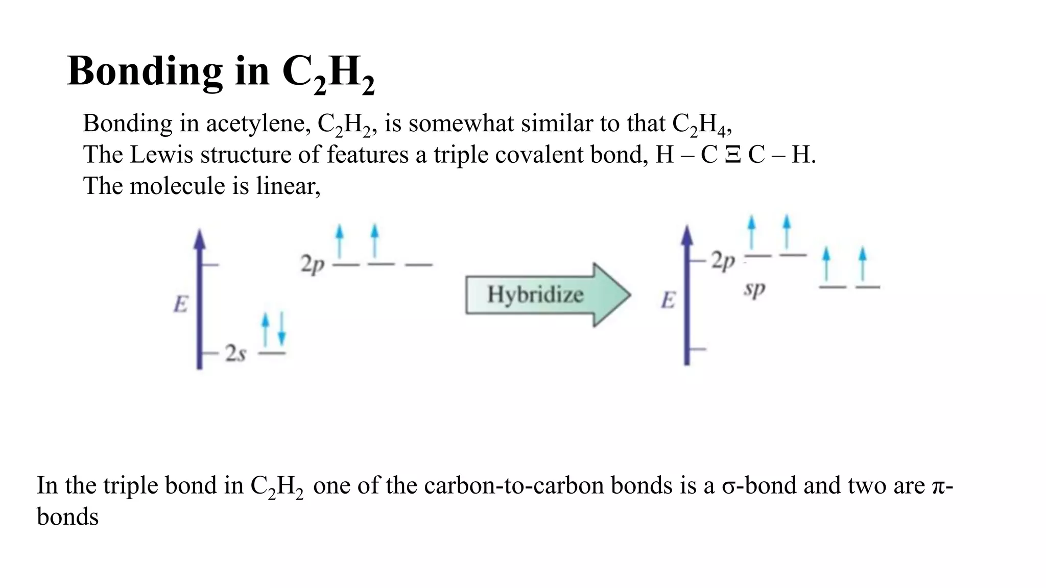Bonding in C2H2
Bonding in acetylene, C2H2, is somewhat similar to that C2H4,
The Lewis structure of features a triple covalent bond, H – C Ξ C – H.
The molecule is linear,
In the triple bond in C2H2 one of the carbon-to-carbon bonds is a σ-bond and two are π-
bonds
 
