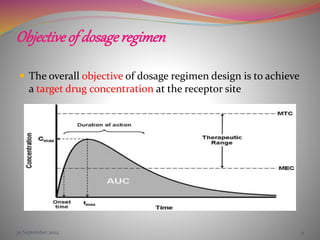Objective of dosage regimen
 The overall objective of dosage regimen design is to achieve
a target drug concentration at the receptor site
30 September 2014 4
 