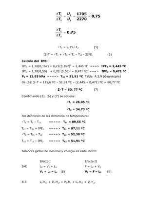 75
,
0
75
,
0
2270
1705
2
1
1
2
2
1
=
∆
∆
=
=
=
∆
∆
T
T
U
U
T
T
△T1 = 0,75.△T2 (5)
∑△T = △T1 + △T2 = To – Ts3 - ∑IPEi (6)
Calculo del IPE:
IPE1 = 1,78(0,167) + 6,22(0,167)2
= 2,445 ºC ===> IPE1 = 2,445 ºC
IPE2 = 1,78(0,50) + 6,22 (0,50)2
= 0,471 ºC ===> IPE2 = 0,471 ºC
P2 = 13,65 kPa ====> TS2 = 51,91 ºC Tabla A.2.9 (Geankoplis)
De (6): ∑△T = 115,6 ºC – 51,91 ºC – (2,445 + 0,471) ºC = 60,77 ºC
∑△T = 60, 77 ºC (7)
Combinando (5), (6) y (7) se obtiene:
△T1 = 26,05 ºC
△T2 = 34,73 ºC
Por definición de las diferencia de temperatura:
△T1 = To – TL1 ====> TL1 = 89,55 ºC
TL1 = TS1 + IPE1 ====> TS1 = 87,11 ºC
△T2 = TS1 – TL2 ====> TL2 = 52,38 ºC
TS2 = TL2 – IPE2 ====> TS2 = 51,91 ºC
Balances global de material y energía en cada efecto:
Efecto I Efecto II
BM: L2 = V1 + L1 F = L2 + V2
V1 = L2 – L1 (8) V2 = F – L2 (9)
B.E: L2.hL2 + Vo.HVo = V1.H1 + L1.hL1 + Vo.hVo
 