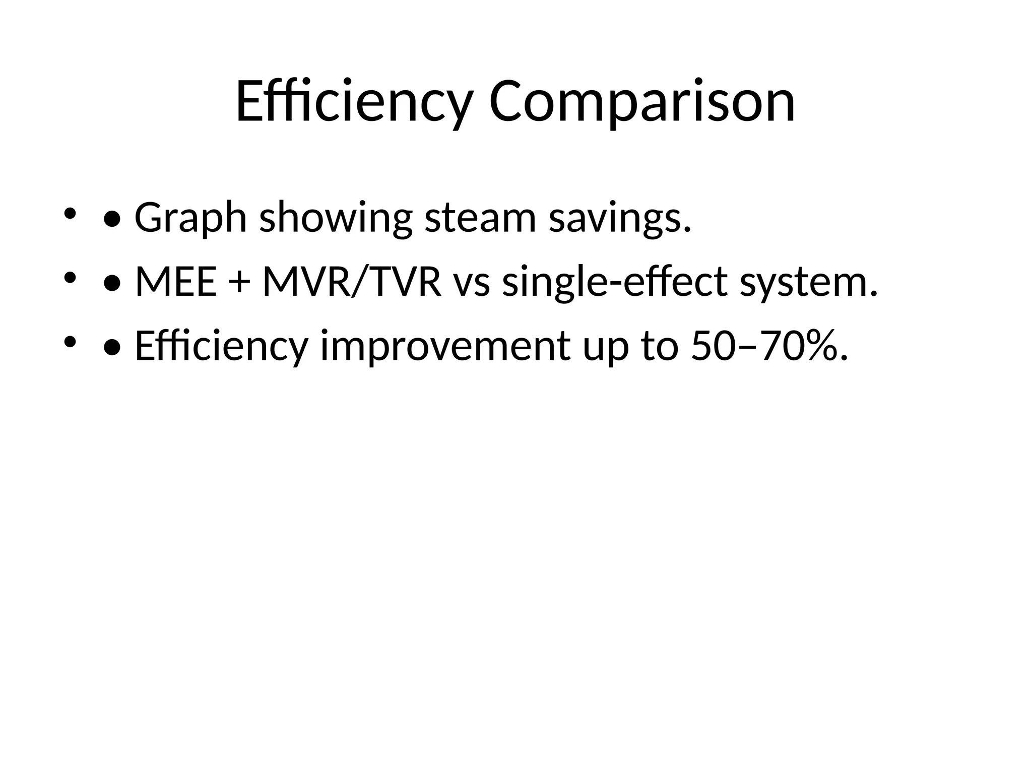 Efficiency Comparison
• • Graph showing steam savings.
• • MEE + MVR/TVR vs single-effect system.
• • Efficiency improvement up to 50–70%.
 