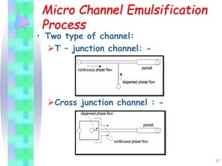 Micro Channel Emulsification
Process
• Two type of channel:
T – junction channel: -
Cross junction channel : -
11
 