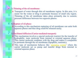 • 3) Thinning of the oil membrane:
 Transport of water through thin oil membrane region. In this area, it is
easier for the water or drug to permeate because of small oily region.
Thinning of the oil membrane takes place primarily due to osmotic
pressure difference between two aqueous phases.
• 4) Rupture of oil phase:
 According to this mechanism rupturing of oil membrane can unite both
aqueous phases and thus drug could be released easily.
• 5) Facilitated diffusion (Carrier-mediated transport):
 This mechanism involves a special molecule (carrier) for the transfer of
hydrophilic, ionic molecule from internal to external aqueous phase.
This carrier molecule combines with the drug and makes it compatible
to permeate through the oil membrane (lipophilic, nonionic).
 This type of mechanism behaves like ‘pumping system’ where the
carrier molecule act as pump and transfer drugs from internal to
external aqueous phase.
27
 