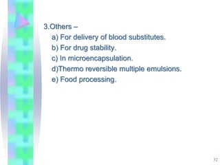 3.Others –
a) For delivery of blood substitutes.
b) For drug stability.
c) In microencapsulation.
d)Thermo reversible multiple emulsions.
e) Food processing.
32
 