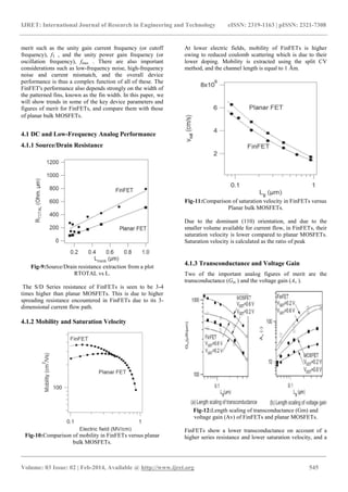 IJRET: International Journal of Research in Engineering and Technology eISSN: 2319-1163 | pISSN: 2321-7308
_______________________________________________________________________________________
Volume: 03 Issue: 02 | Feb-2014, Available @ http://www.ijret.org 545
merit such as the unity gain current frequency (or cutoff
frequency), fT , and the unity power gain frequency (or
oscillation frequency), fmax . There are also important
considerations such as low-frequency noise, high-frequency
noise and current mismatch, and the overall device
performance is thus a complex function of all of these. The
FinFET's performance also depends strongly on the width of
the patterned fins, known as the fin width. In this paper, we
will show trends in some of the key device parameters and
figures of merit for FinFETs, and compare them with those
of planar bulk MOSFETs.
4.1 DC and Low-Frequency Analog Performance
4.1.1 Source/Drain Resistance
Fig-9:Source/Drain resistance extraction from a plot
RTOTAL vs L.
The S/D Series resistance of FinFETs is seen to be 3-4
times higher than planar MOSFETs. This is due to higher
spreading resistance encountered in FinFETs due to its 3-
dimensional current flow path.
4.1.2 Mobility and Saturation Velocity
Fig-10:Comparison of mobility in FinFETs versus planar
bulk MOSFETs.
At lower electric fields, mobility of FinFETs is higher
owing to reduced coulomb scattering which is due to their
lower doping. Mobility is extracted using the split CV
method, and the channel length is equal to 1 Ām.
Fig-11:Comparison of saturation velocity in FinFETs versus
Planar bulk MOSFETs.
Due to the dominant (110) orientation, and due to the
smaller volume available for current flow, in FinFETs, their
saturation velocity is lower compared to planar MOSFETs.
Saturation velocity is calculated as the ratio of peak
4.1.3 Transconductance and Voltage Gain
Two of the important analog figures of merit are the
transconductance (Gm ) and the voltage gain (Av ).
Fig-12:Length scaling of transconductance (Gm) and
voltage gain (Av) of FinFETs and planar MOSFETs.
FinFETs show a lower transconductance on account of a
higher series resistance and lower saturation velocity, and a
 