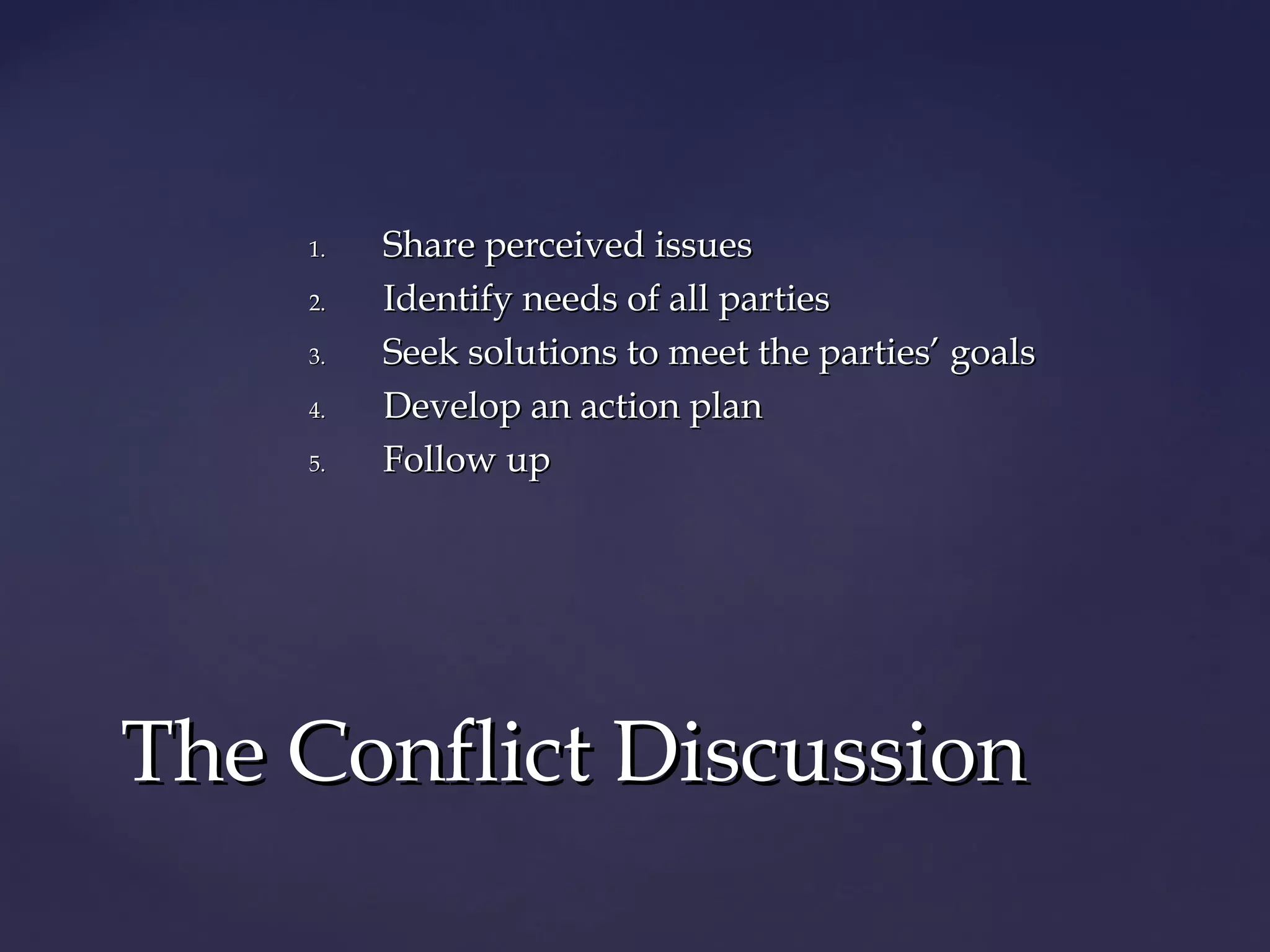 1.1. Share perceived issuesShare perceived issues
2.2. Identify needs of all partiesIdentify needs of all parties
3.3. Seek solutions to meet the parties’ goalsSeek solutions to meet the parties’ goals
4.4. Develop an action planDevelop an action plan
5.5. Follow upFollow up
The Conflict DiscussionThe Conflict Discussion
 