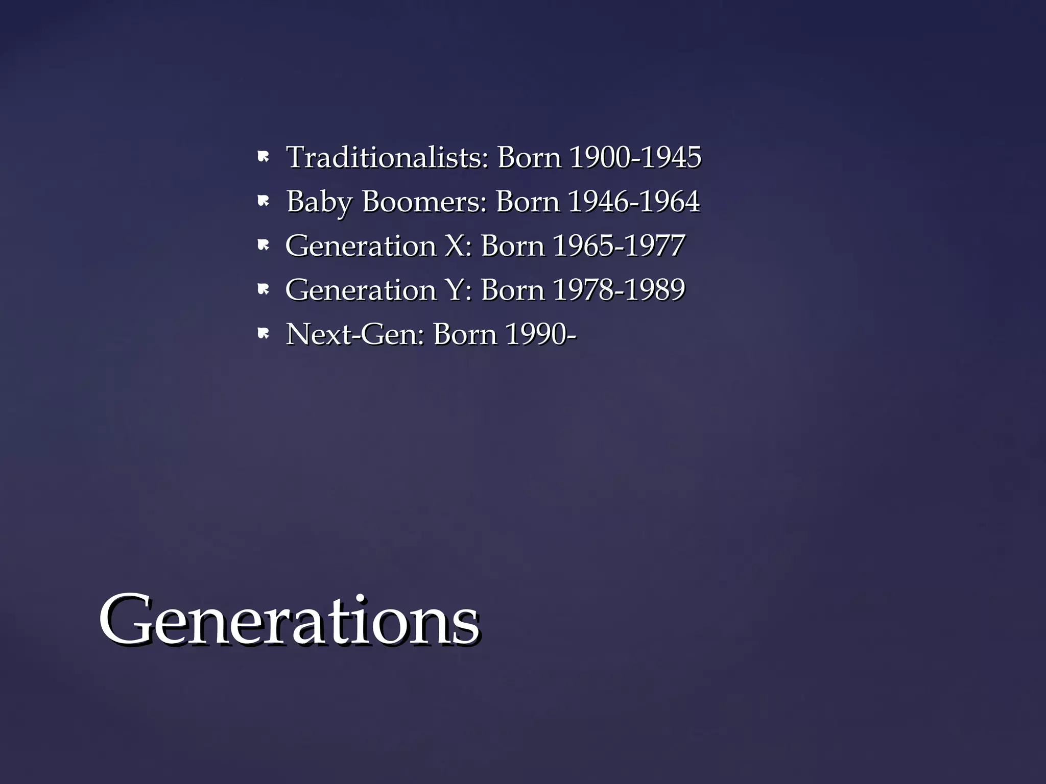  Traditionalists: Born 1900-1945Traditionalists: Born 1900-1945
 Baby Boomers: Born 1946-1964Baby Boomers: Born 1946-1964
 Generation X: Born 1965-1977Generation X: Born 1965-1977
 Generation Y: Born 1978-1989Generation Y: Born 1978-1989
 Next-Gen: Born 1990-Next-Gen: Born 1990-
GenerationsGenerations
 