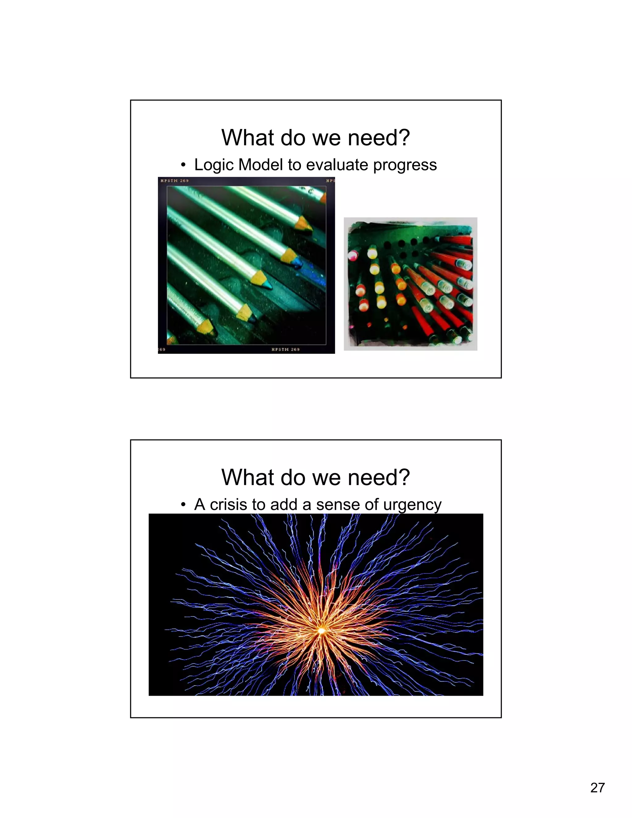 27 
What do we need? 
• Logic Model to evaluate progress 
What do we need? 
• A crisis to add a sense of urgency 
 