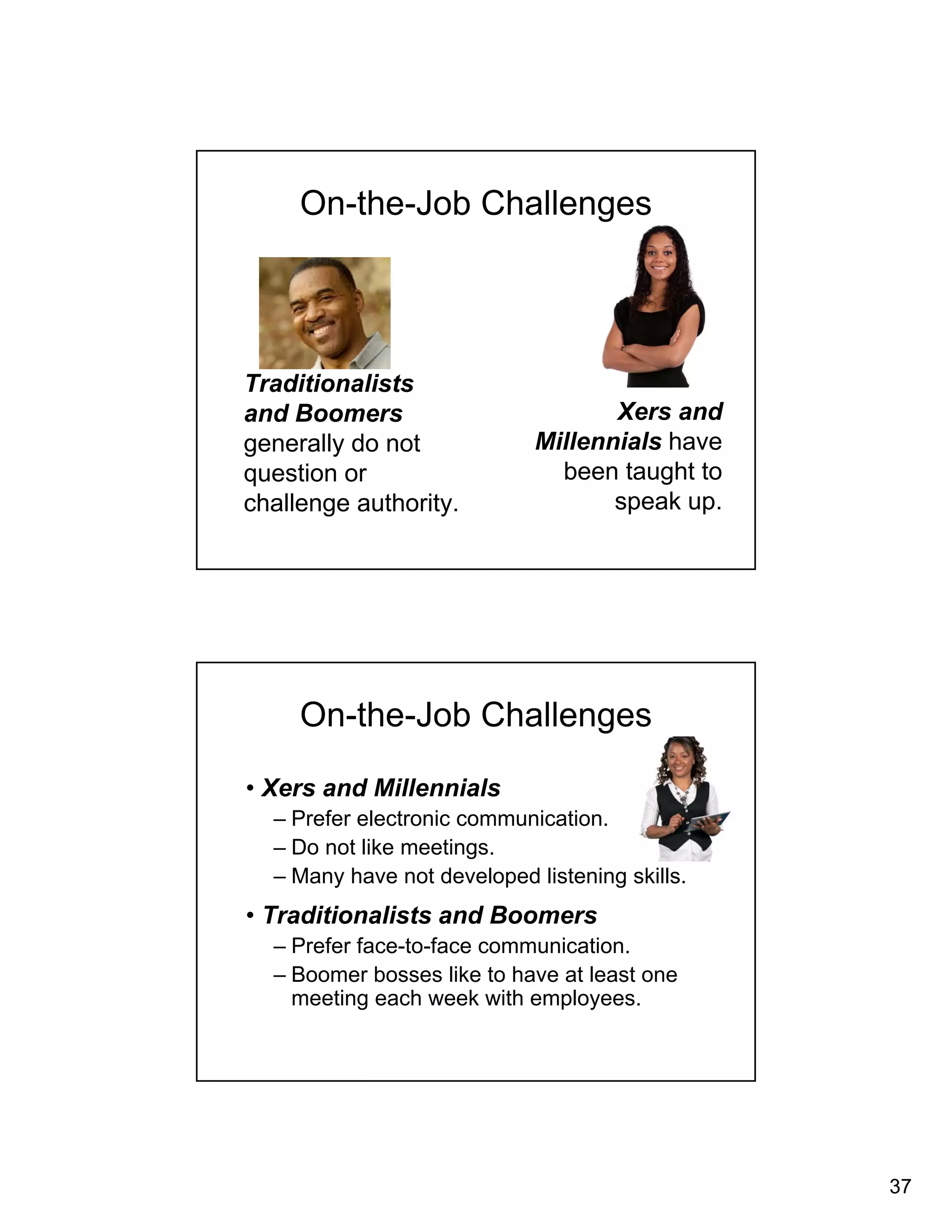 37 
On-the-Job Challenges 
Traditionalists 
and Boomers 
generally do not 
question or 
challenge authority. 
Xers and 
Millennials have 
been taught to 
speak up. 
On-the-Job Challenges 
• Xers and Millennials 
– Prefer electronic communication. 
– Do not like meetings. 
– Many have not developed listening skills. 
• Traditionalists and Boomers 
– Prefer face-to-face communication. 
– Boomer bosses like to have at least one 
meeting each week with employees. 
 