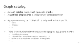 Graph catalog
● A graph catalog maps graph names to graphs
● A qualified graph name is an (optionally dotted) identifier
● A graph name may be contextual; i.e. only work inside a specific
○ server
○ database
○ ...
● There are no further restrictions placed on graphs; e.g. graphs may be
○ mutable or immutable
○ exist only for a limited time (session, transaction, ...)
○ visible to all or only some of the users of the system
○ ...
13
 