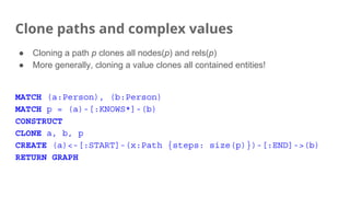Clone paths and complex values
● Cloning a path p clones all nodes(p) and rels(p)
● More generally, cloning a value clones all contained entities!
MATCH (a:Person), (b:Person)
MATCH p = (a)-[:KNOWS*]-(b)
CONSTRUCT
CLONE a, b, p
CREATE (a)<-[:START]-(x:Path {steps: size(p)})-[:END]->(b)
RETURN GRAPH
 