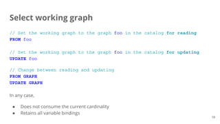 // Set the working graph to the graph foo in the catalog for reading
FROM foo
// Set the working graph to the graph foo in the catalog for updating
UPDATE foo
// Change between reading and updating
FROM GRAPH
UPDATE GRAPH
In any case,
● Does not consume the current cardinality
● Retains all variable bindings
Select working graph
19
 