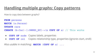 Handling multiple graphs: Copy patterns
How to copy data between graphs?
FROM persons
MATCH (a:Person)
UPDATE cars
CREATE (b:Car)-[:OWNED_BY]->(x COPY OF a) // This works
● COPY OF node Copies labels, properties
● COPY OF rel Copies relationship type, properties (ignores start, end!)
Also usable in matching: MATCH (COPY OF a) ...
22
 