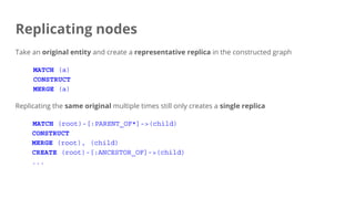Replicating nodes
Take an original entity and create a representative replica in the constructed graph
MATCH (a)
CONSTRUCT
MERGE (a)
Replicating the same original multiple times still only creates a single replica
MATCH (root)-[:PARENT_OF*]->(child)
CONSTRUCT
MERGE (root), (child)
CREATE (root)-[:ANCESTOR_OF]->(child)
...
 