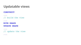 Updatable views
CONSTRUCT
...
// build the view
...
WITH GRAPH
UPDATE GRAPH
...
// update the view
...
 