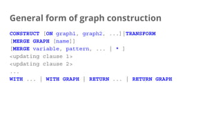 General form of graph construction
CONSTRUCT [ON graph1, graph2, ...]|TRANSFORM
[MERGE GRAPH [name]]
[MERGE variable, pattern, ... | * ]
<updating clause 1>
<updating clause 2>
...
WITH ... | WITH GRAPH | RETURN ... | RETURN GRAPH
 