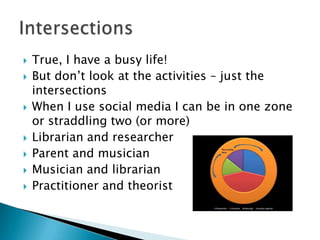  True, I have a busy life!
 But don‟t look at the activities – just the
intersections
 When I use social media I can be in one zone
or straddling two (or more)
 Librarian and researcher
 Parent and musician
 Musician and librarian
 Practitioner and theorist
 